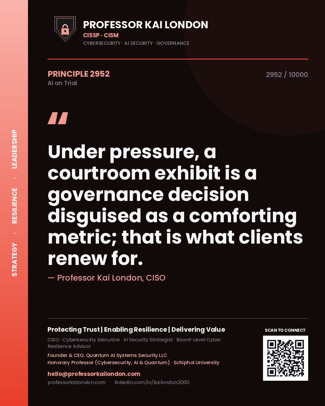Professor Kai London principle 2952: Under pressure, a courtroom exhibit is a governance decision disguised as a comforting metric; that is what clients renew for.