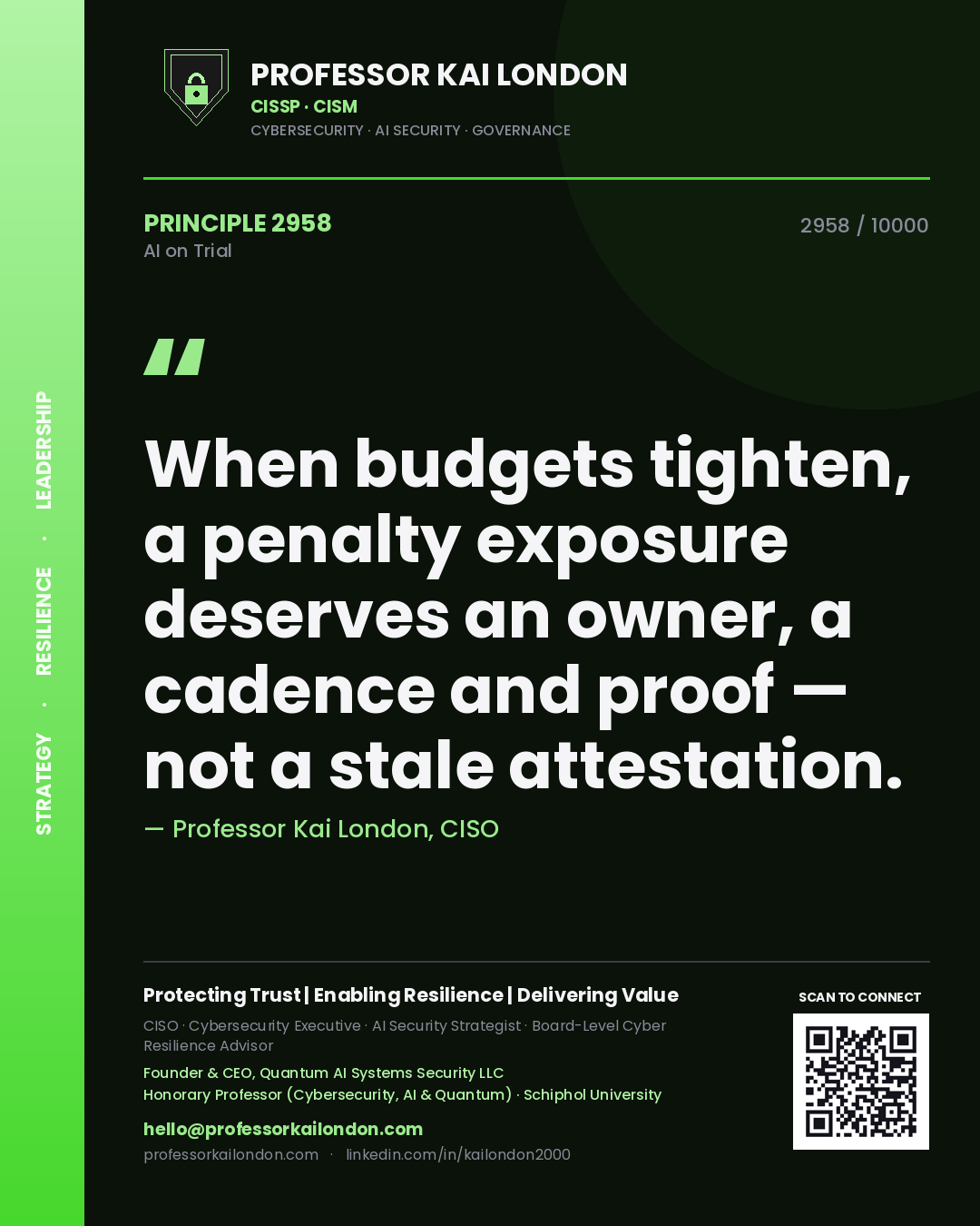 Professor Kai London principle 2958: When budgets tighten, a penalty exposure deserves an owner, a cadence and proof — not a stale attestation.