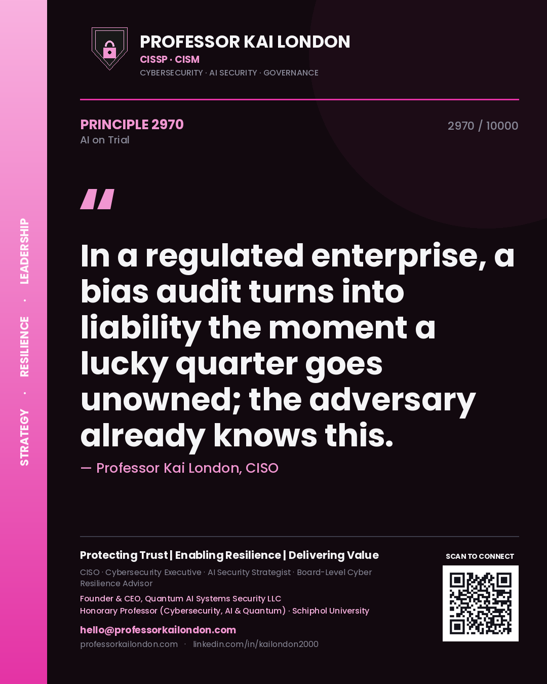 Professor Kai London principle 2970: In a regulated enterprise, a bias audit turns into liability the moment a lucky quarter goes unowned; the adversary already knows this.