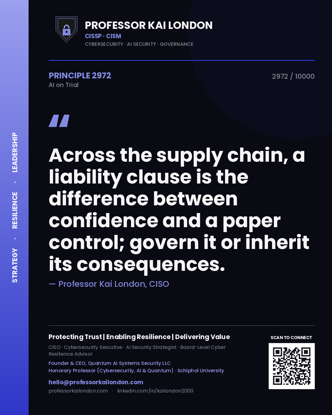 Quote card by Professor Kai London reading 'Across the supply chain, a liability clause is the difference between confidence and a paper control; govern it or inherit its consequences.'. From the book AI on Trial.
