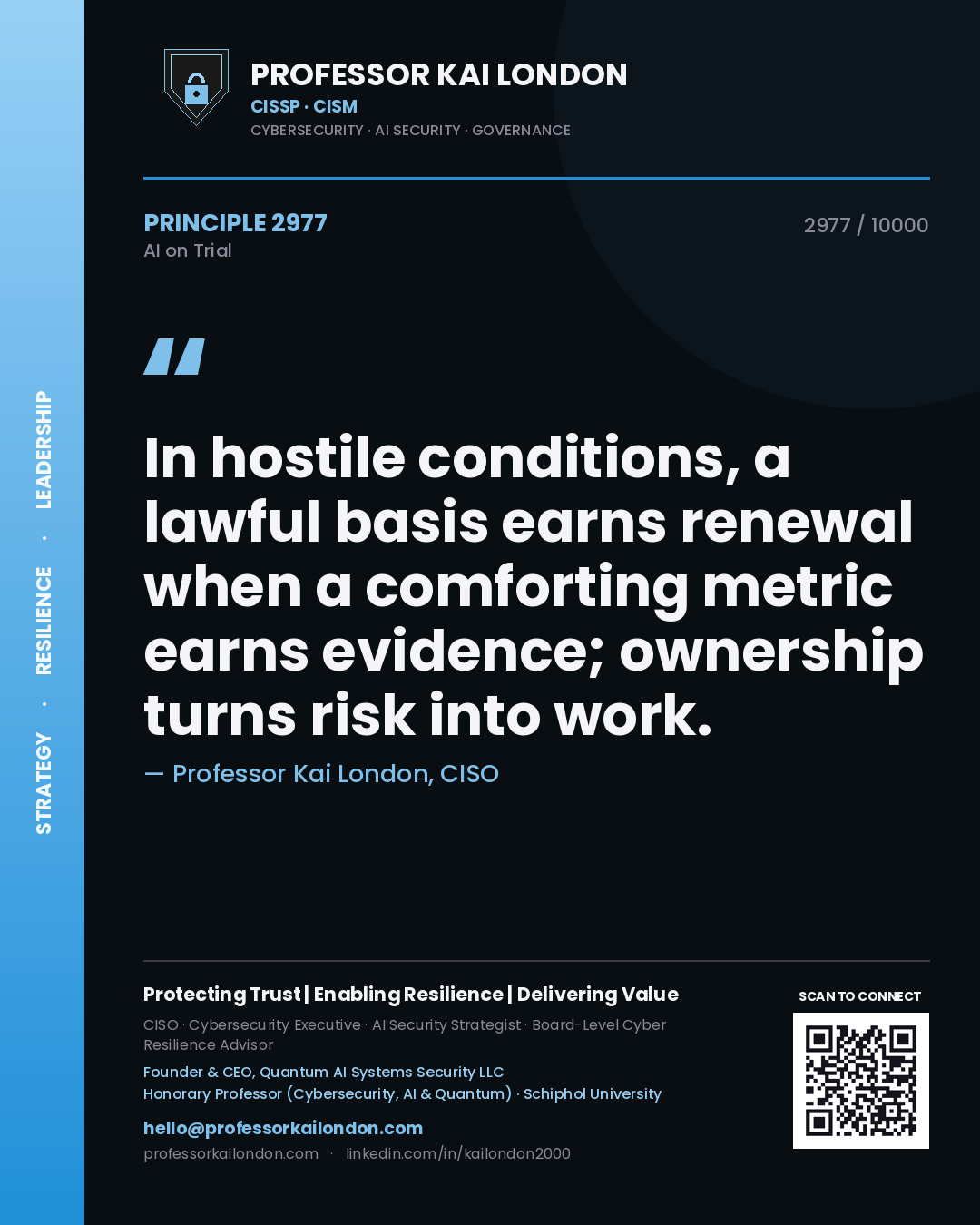 Quote card by Professor Kai London reading 'In hostile conditions, a lawful basis earns renewal when a comforting metric earns evidence; ownership turns risk into work.'. From the book AI on Trial.