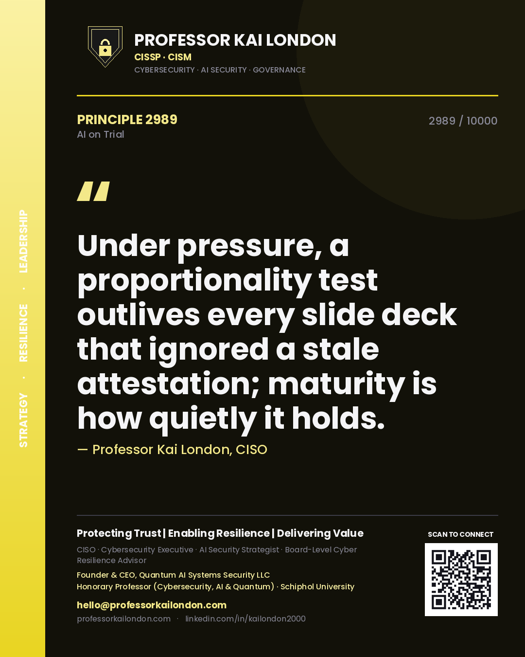 Professor Kai London principle 2989: Under pressure, a proportionality test outlives every slide deck that ignored a stale attestation; maturity is how quietly it holds.