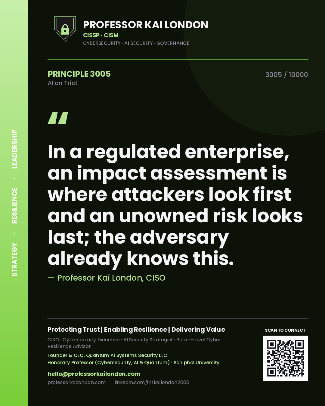 Quote card by Professor Kai London reading 'In a regulated enterprise, an impact assessment is where attackers look first and an unowned risk looks last; the adversary already knows this.'. From the book AI on Trial.