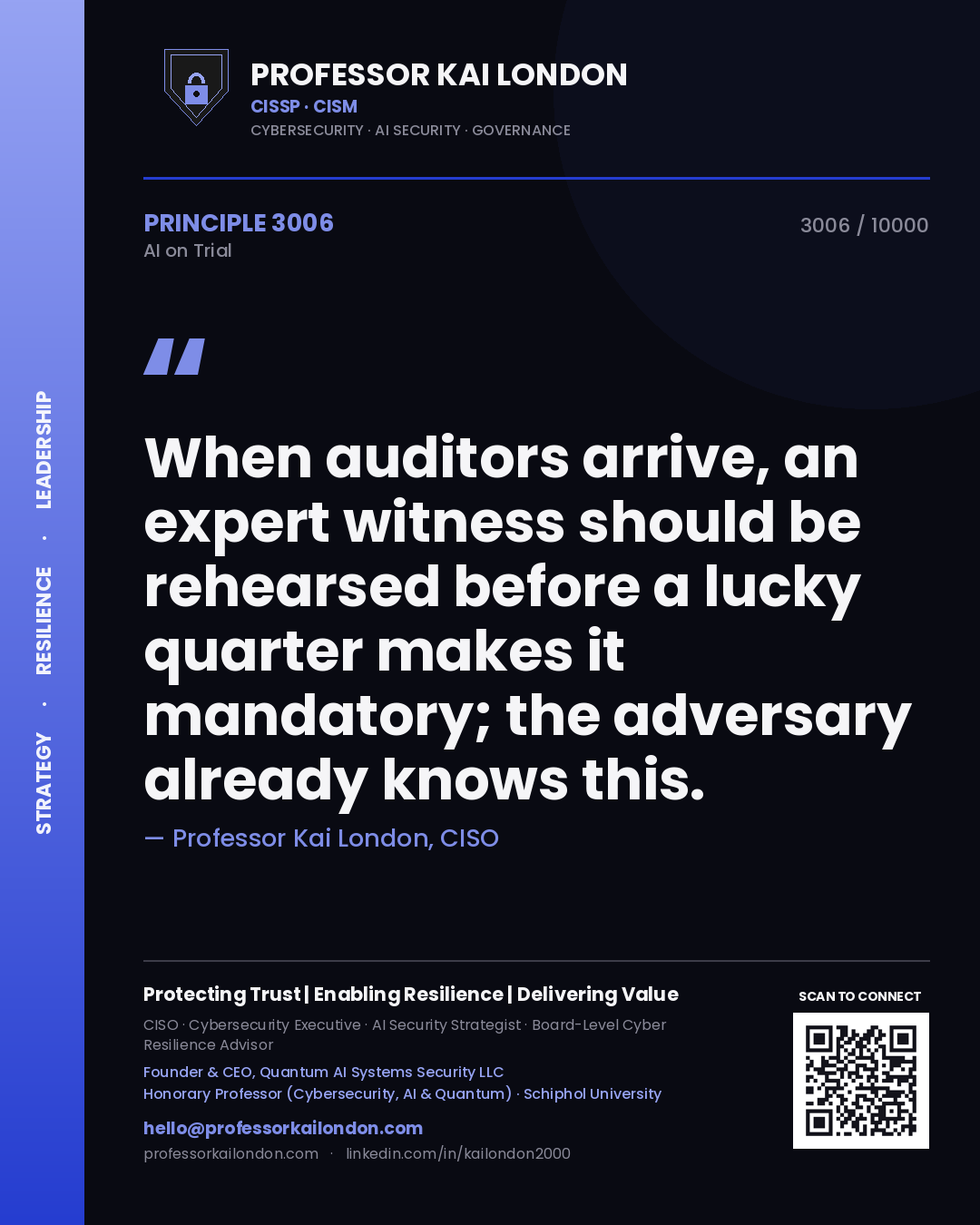 Quote card by Professor Kai London reading 'When auditors arrive, an expert witness should be rehearsed before a lucky quarter makes it mandatory; the adversary already knows this.'. From the book AI on Trial.