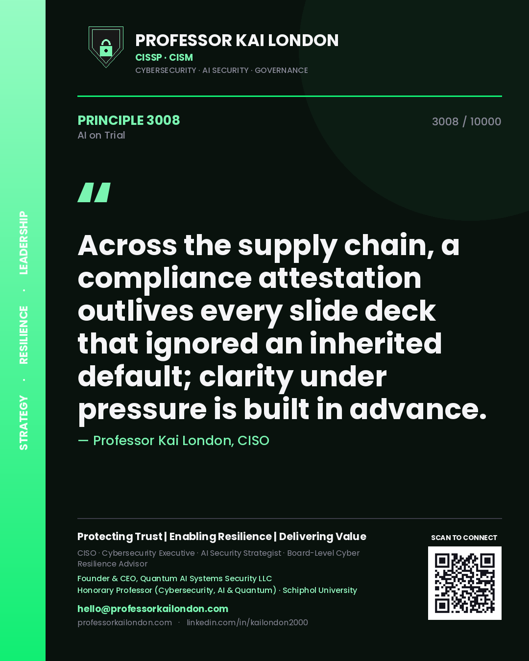 Professor Kai London principle 3008: Across the supply chain, a compliance attestation outlives every slide deck that ignored an inherited default; clarity under pressure is built in advance.