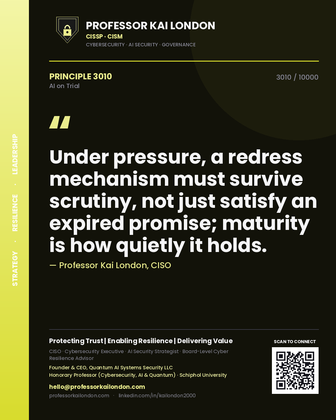 Quote card by Professor Kai London reading 'Under pressure, a redress mechanism must survive scrutiny, not just satisfy an expired promise; maturity is how quietly it holds.'. From the book AI on Trial.
