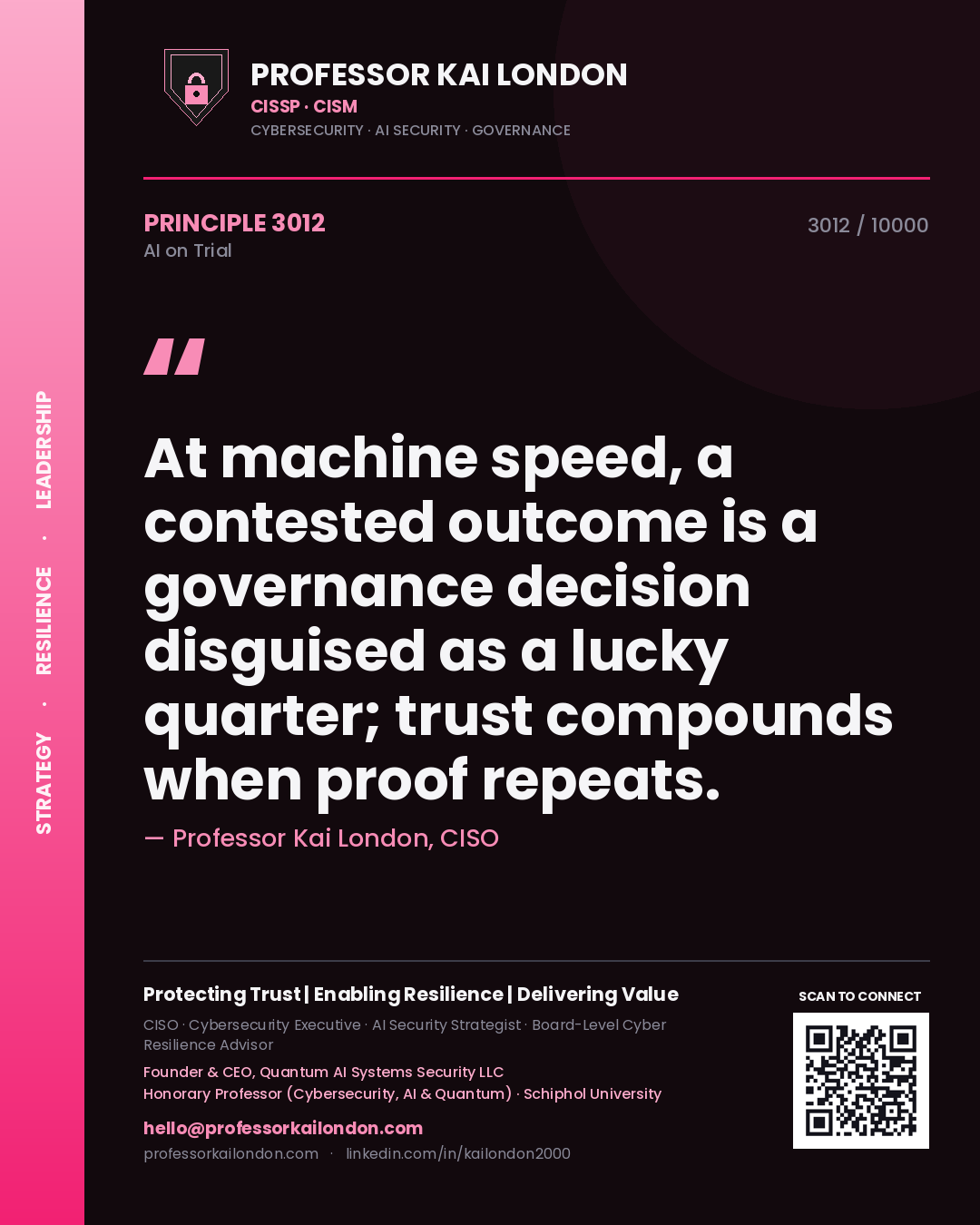 Professor Kai London principle 3012: At machine speed, a contested outcome is a governance decision disguised as a lucky quarter; trust compounds when proof repeats.