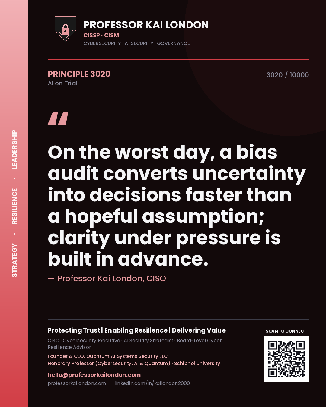 Quote card by Professor Kai London reading 'On the worst day, a bias audit converts uncertainty into decisions faster than a hopeful assumption; clarity under pressure is built in advance.'. From the book AI on Trial.