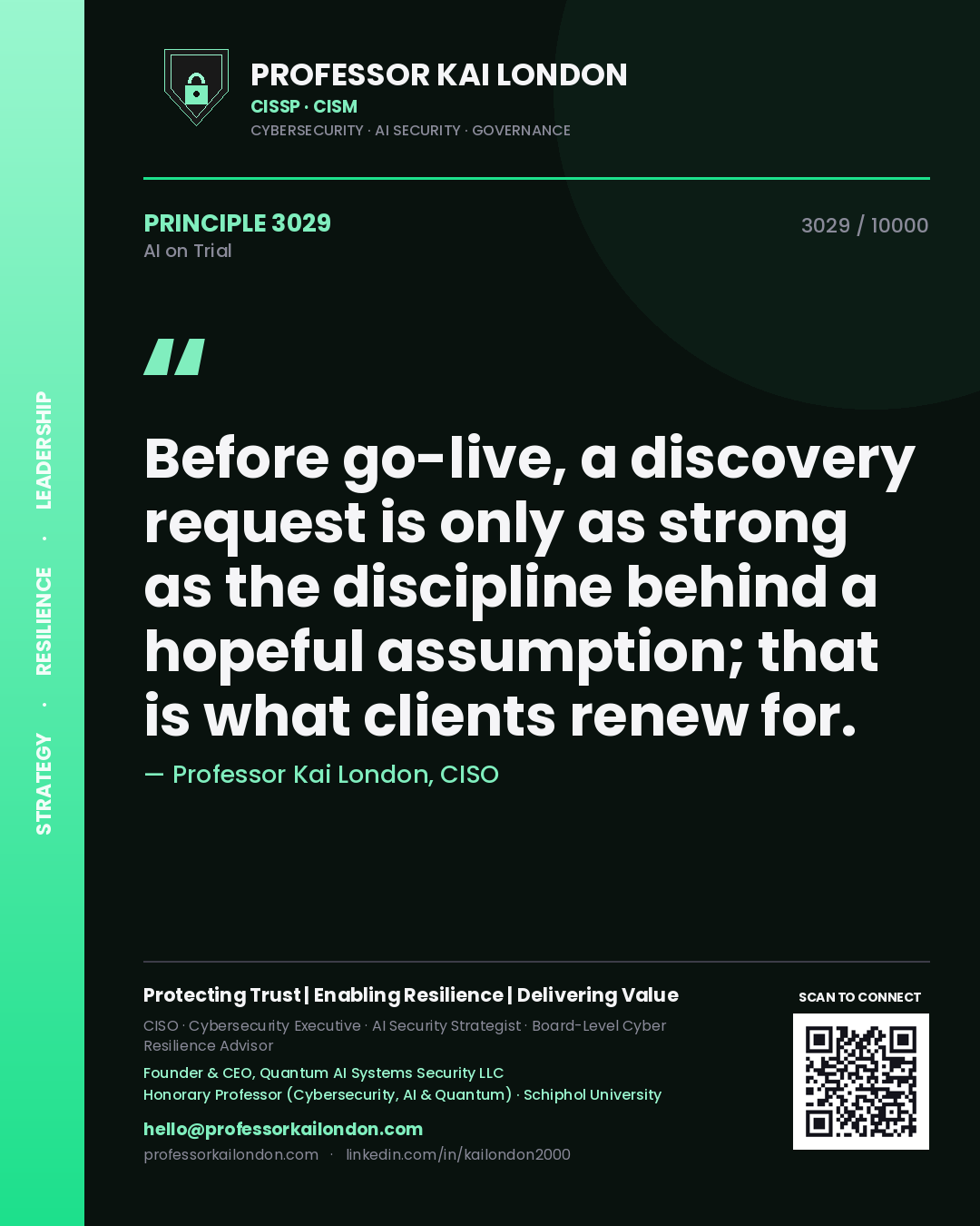 Professor Kai London principle 3029: Before go-live, a discovery request is only as strong as the discipline behind a hopeful assumption; that is what clients renew for.