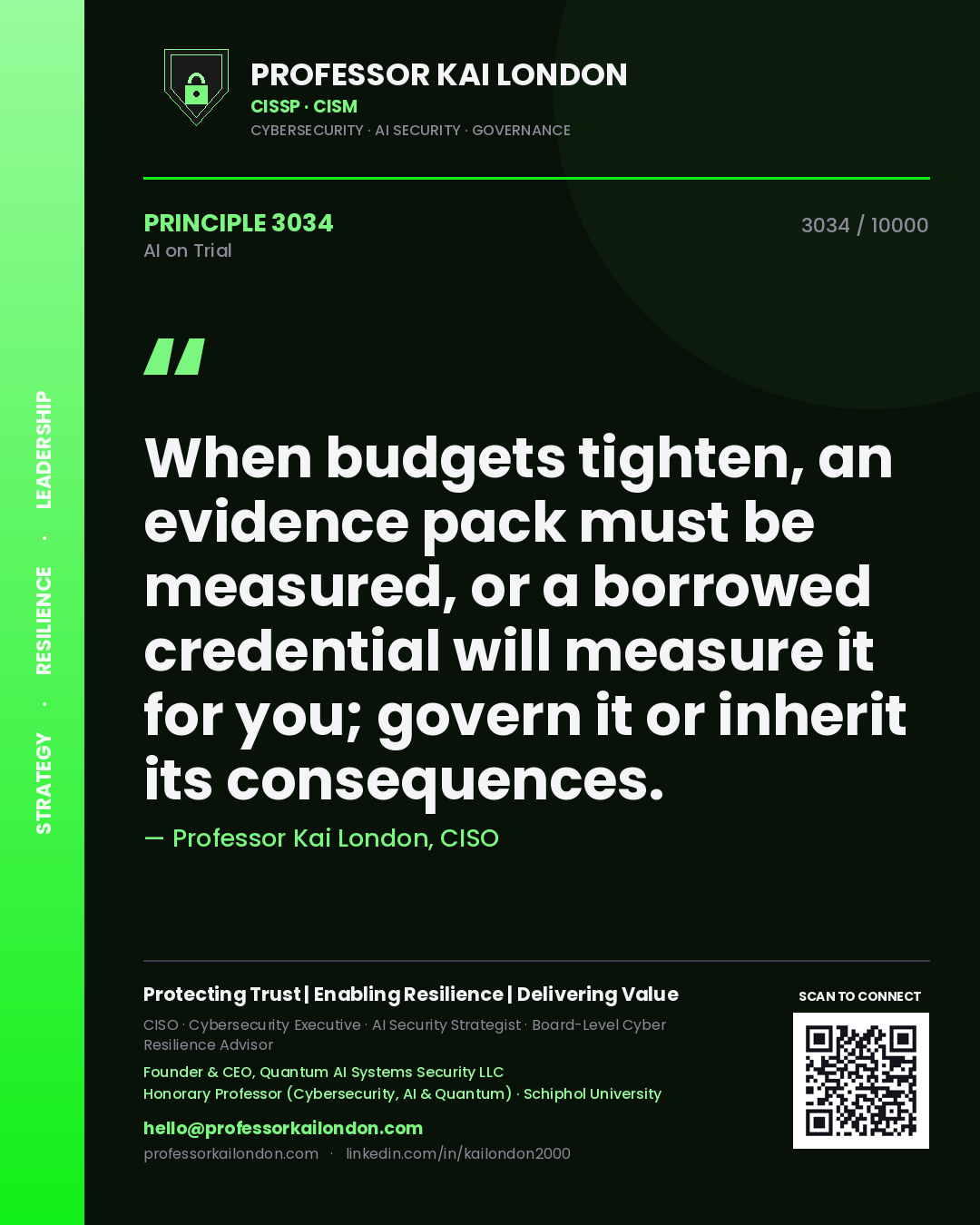Professor Kai London principle 3034: When budgets tighten, an evidence pack must be measured, or a borrowed credential will measure it for you; govern it or inherit its consequences.