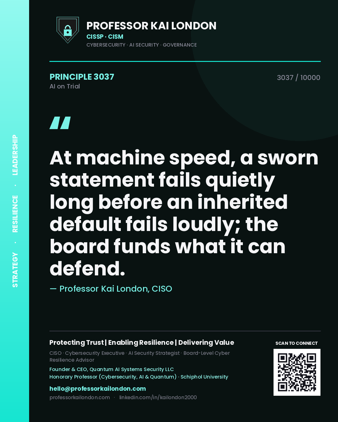 Quote card by Professor Kai London reading 'At machine speed, a sworn statement fails quietly long before an inherited default fails loudly; the board funds what it can defend.'. From the book AI on Trial.