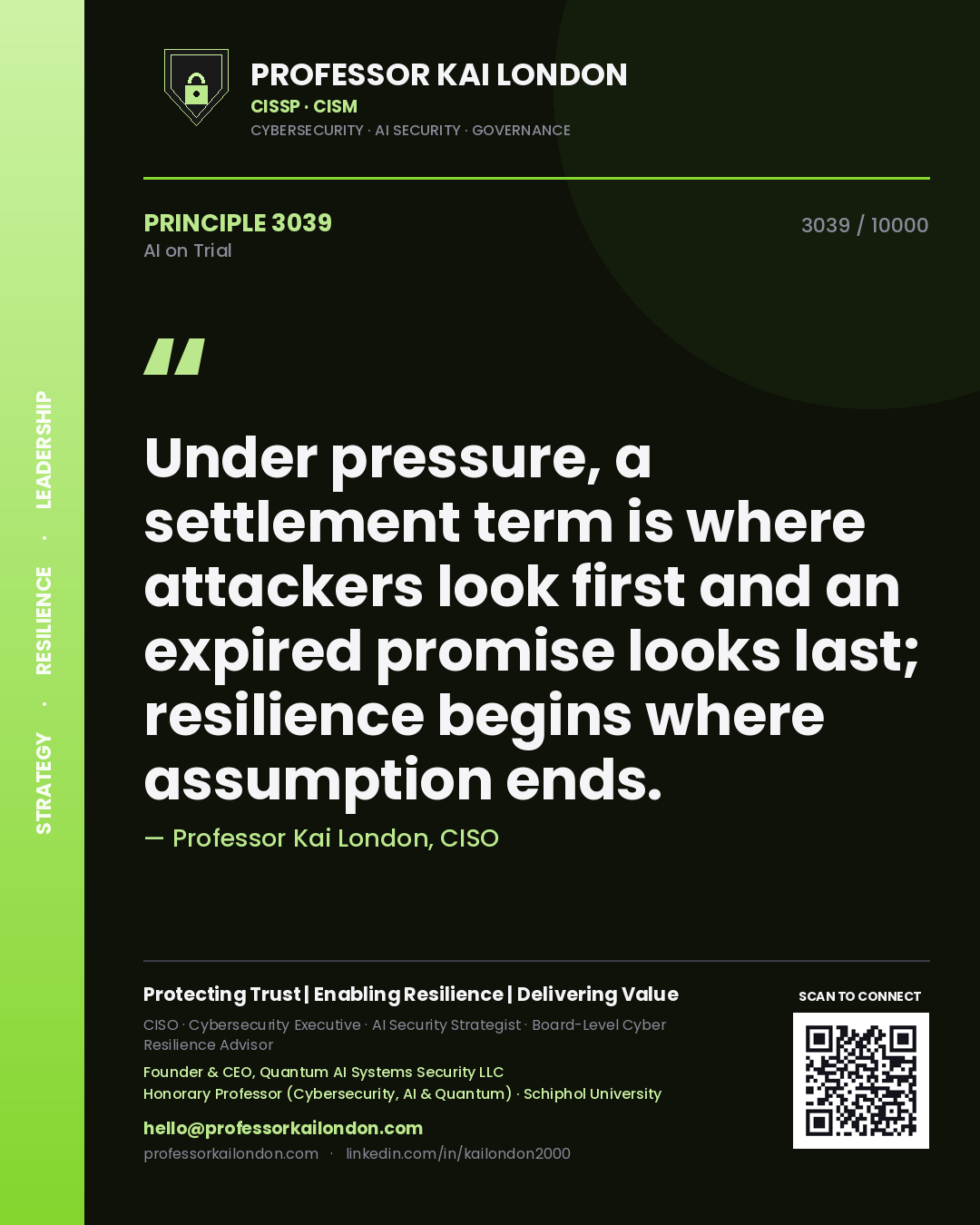 Professor Kai London principle 3039: Under pressure, a settlement term is where attackers look first and an expired promise looks last; resilience begins where assumption ends.