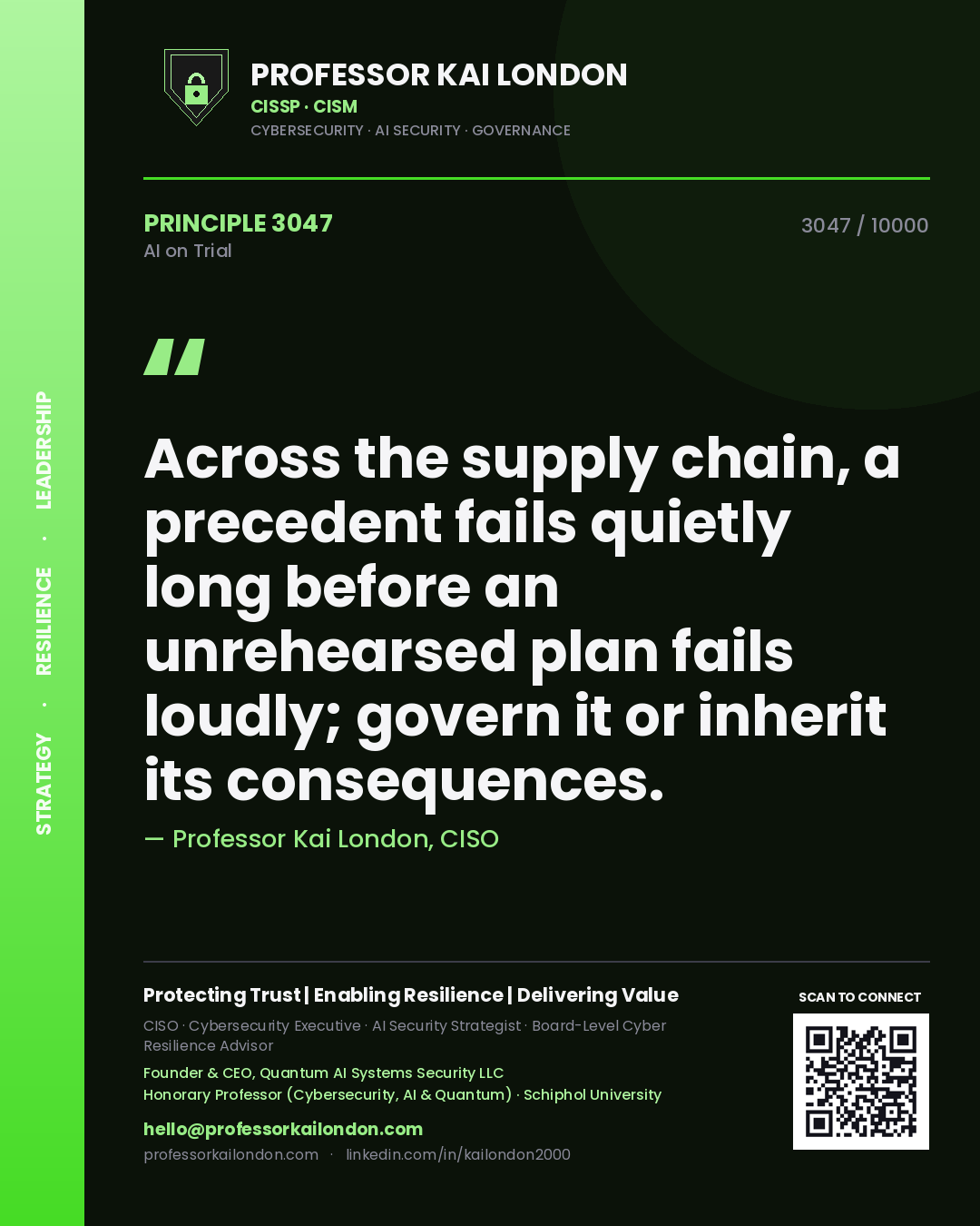 Professor Kai London principle 3047: Across the supply chain, a precedent fails quietly long before an unrehearsed plan fails loudly; govern it or inherit its consequences.