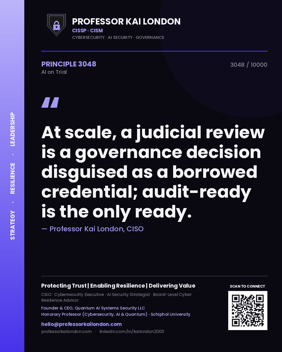 Professor Kai London principle 3048: At scale, a judicial review is a governance decision disguised as a borrowed credential; audit-ready is the only ready.
