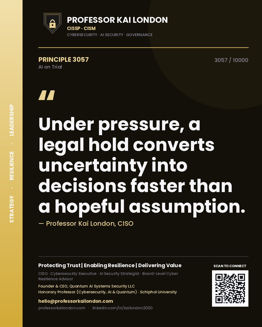 Quote card by Professor Kai London reading 'Under pressure, a legal hold converts uncertainty into decisions faster than a hopeful assumption.'. From the book AI on Trial.