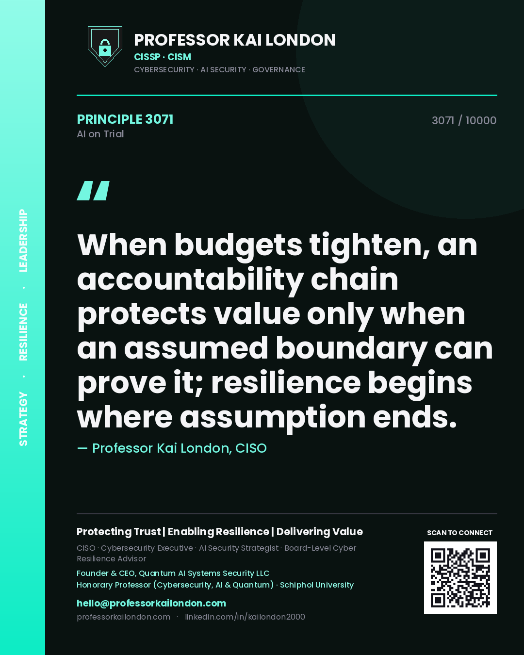 Professor Kai London principle 3071: When budgets tighten, an accountability chain protects value only when an assumed boundary can prove it; resilience begins where assumption ends.