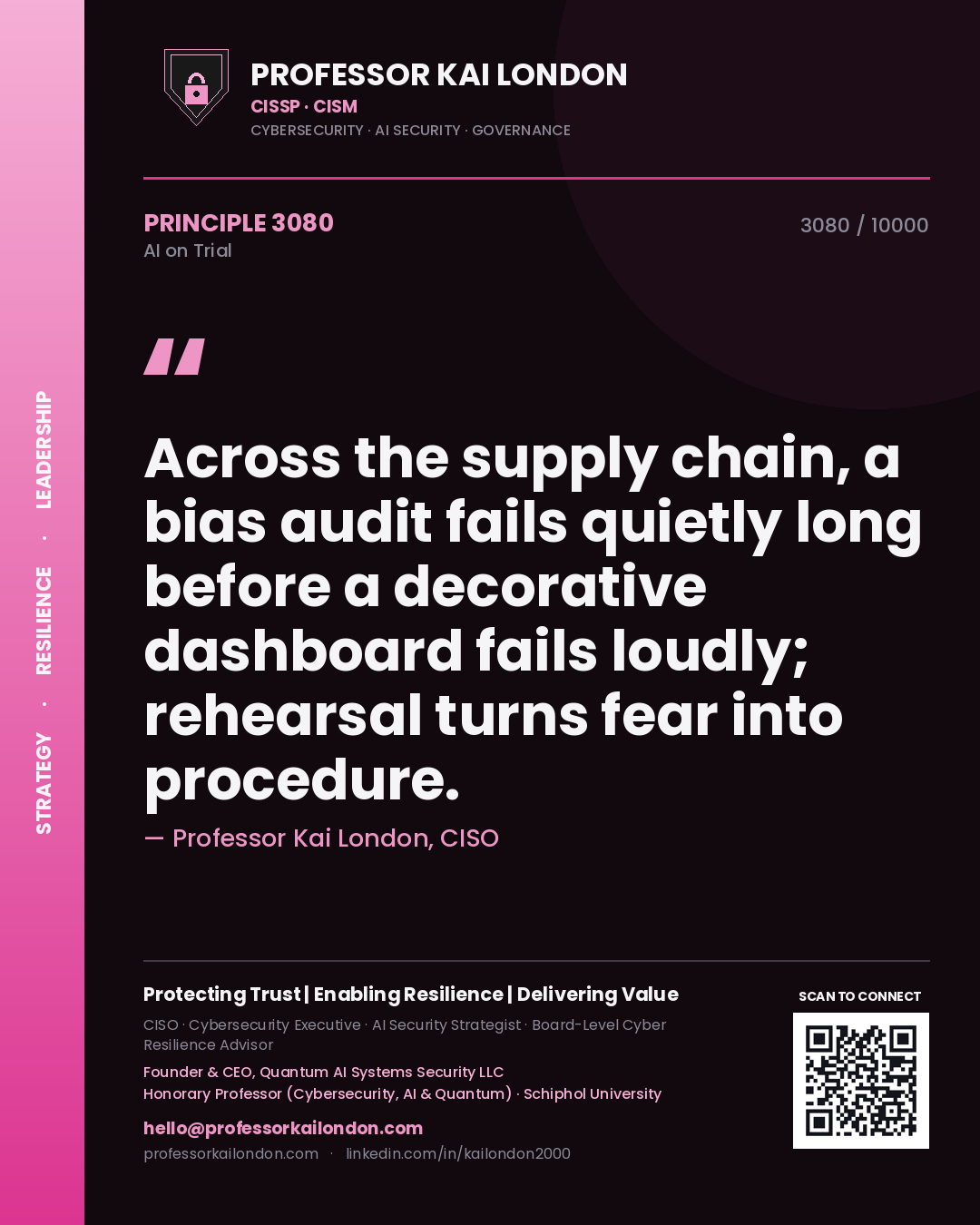 Professor Kai London principle 3080: Across the supply chain, a bias audit fails quietly long before a decorative dashboard fails loudly; rehearsal turns fear into procedure.