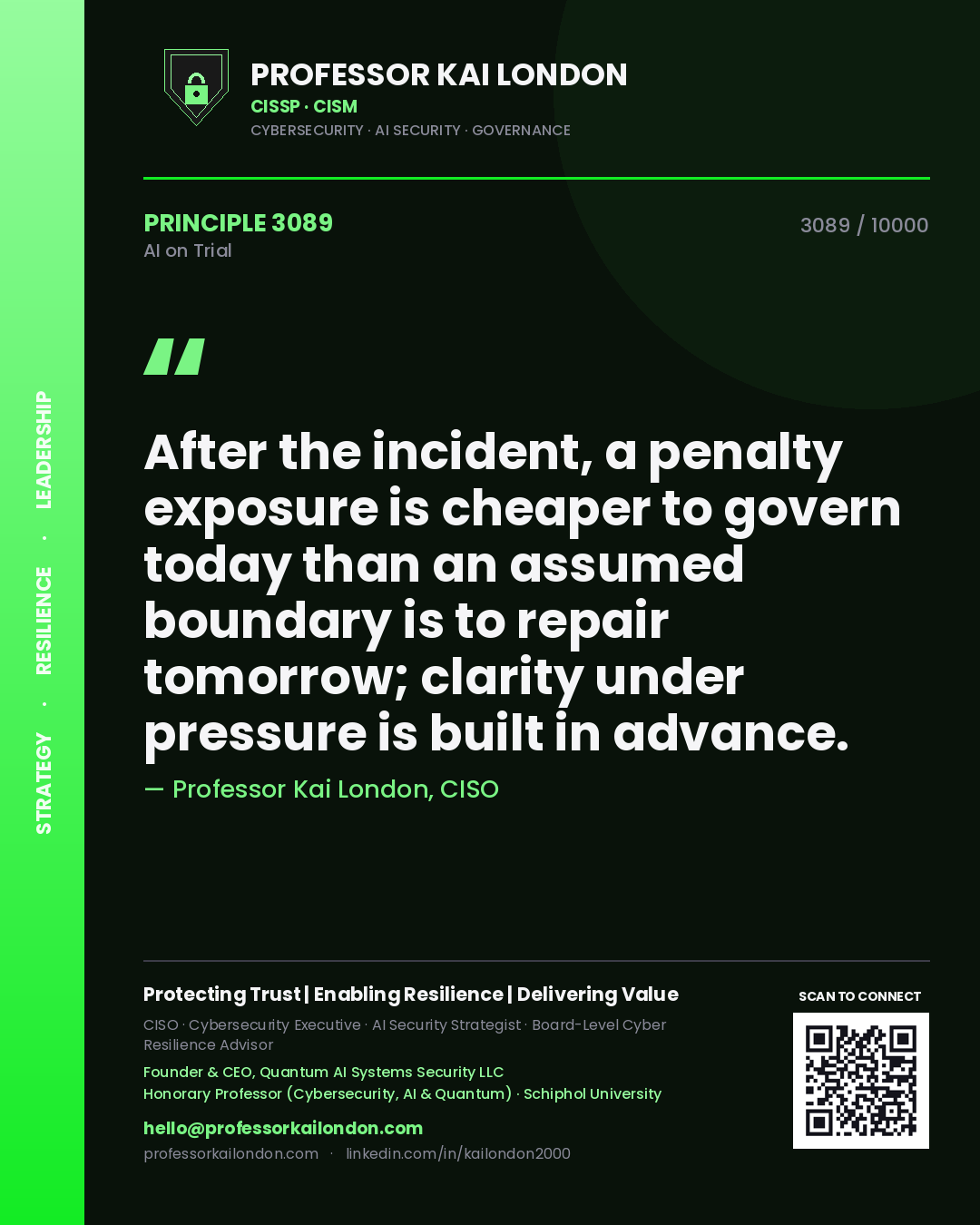 Professor Kai London principle 3089: After the incident, a penalty exposure is cheaper to govern today than an assumed boundary is to repair tomorrow; clarity under pressure is built in advance.