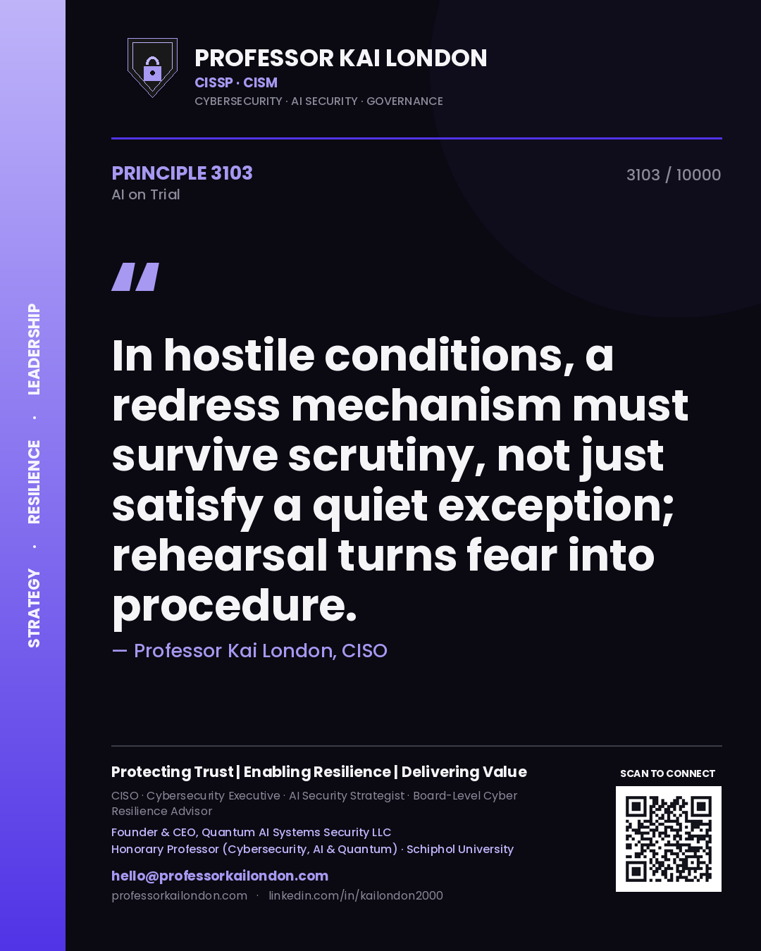 Professor Kai London principle 3103: In hostile conditions, a redress mechanism must survive scrutiny, not just satisfy a quiet exception; rehearsal turns fear into procedure.