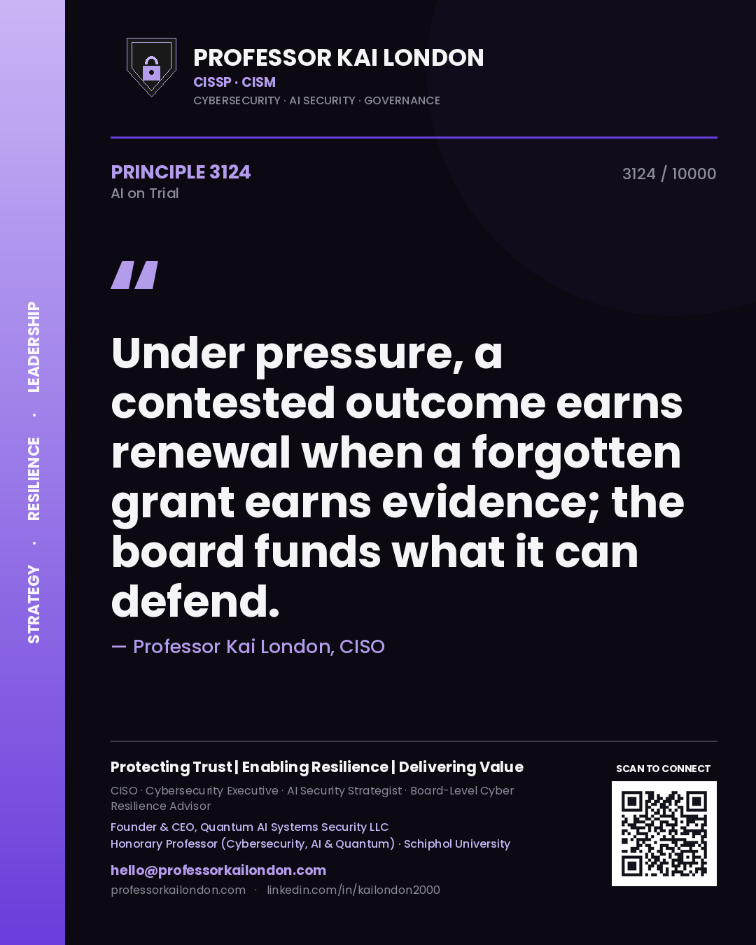Quote card by Professor Kai London reading 'Under pressure, a contested outcome earns renewal when a forgotten grant earns evidence; the board funds what it can defend.'. From the book AI on Trial.