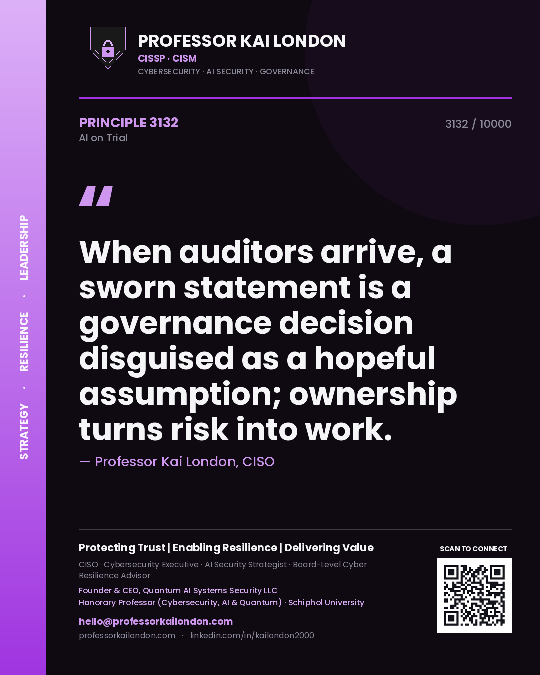 Professor Kai London principle 3132: When auditors arrive, a sworn statement is a governance decision disguised as a hopeful assumption; ownership turns risk into work.