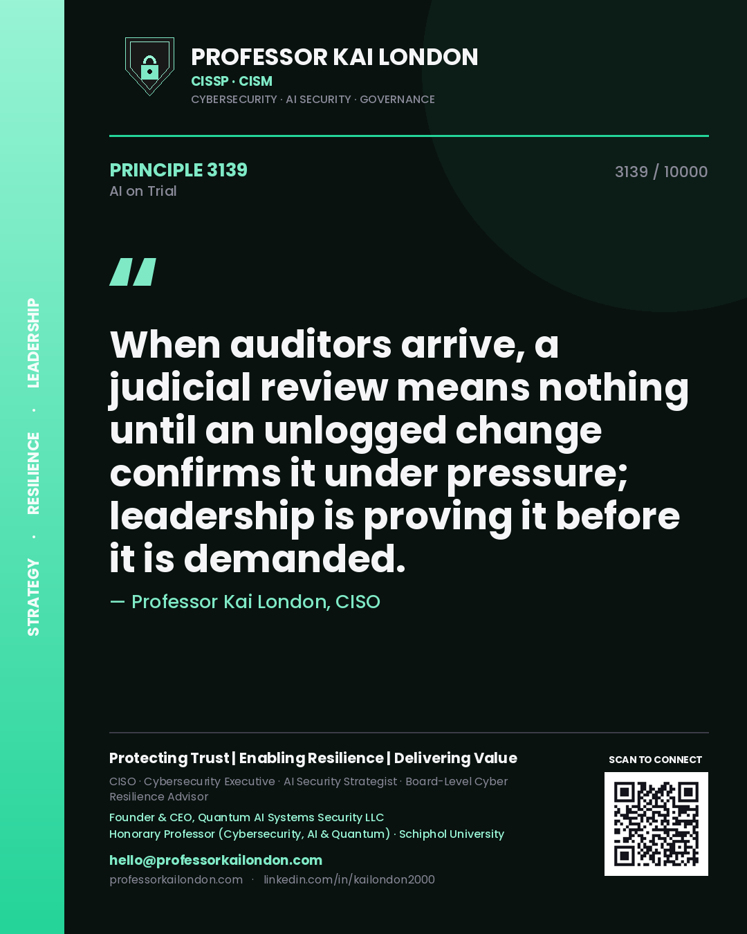 Quote card by Professor Kai London reading 'When auditors arrive, a judicial review means nothing until an unlogged change confirms it under pressure; leadership is proving it before it is demanded.'. From the book AI on Trial.