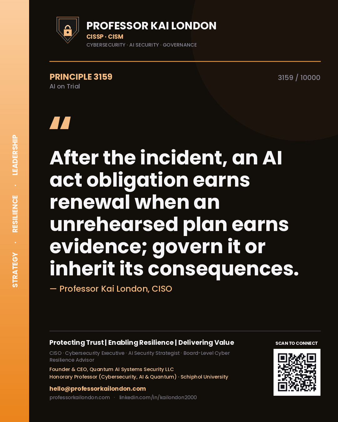 Professor Kai London principle 3159: After the incident, an AI act obligation earns renewal when an unrehearsed plan earns evidence; govern it or inherit its consequences.