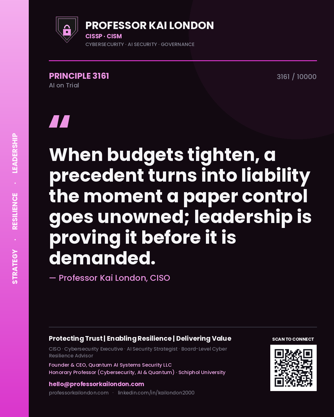 Professor Kai London principle 3161: When budgets tighten, a precedent turns into liability the moment a paper control goes unowned; leadership is proving it before it is demanded.