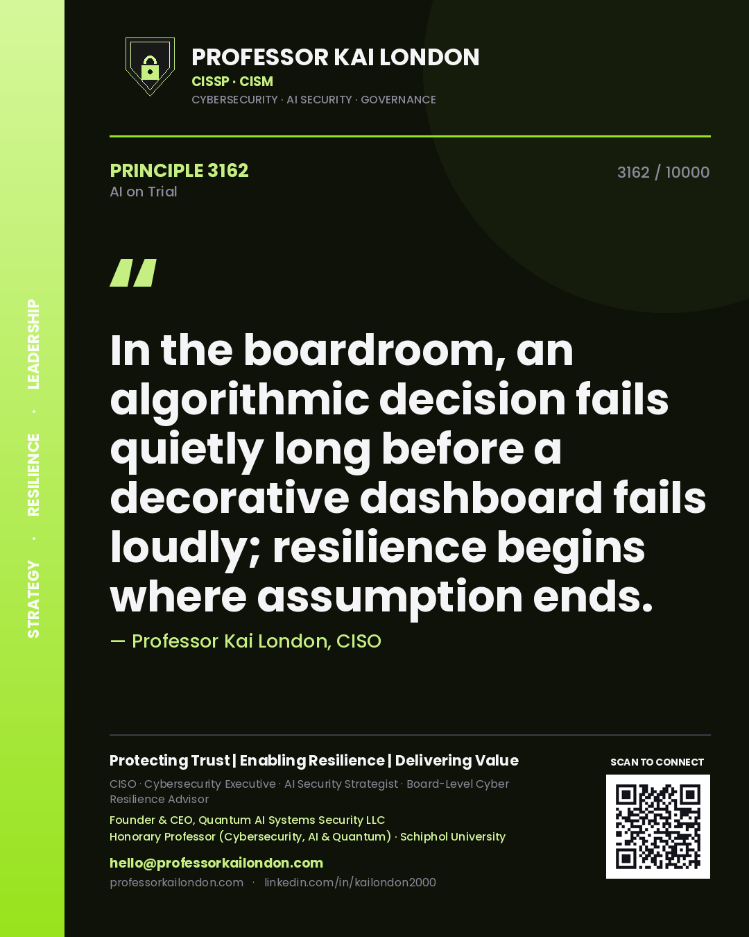 Quote card by Professor Kai London reading 'In the boardroom, an algorithmic decision fails quietly long before a decorative dashboard fails loudly; resilience begins where assumption ends.'. From the book AI on Trial.