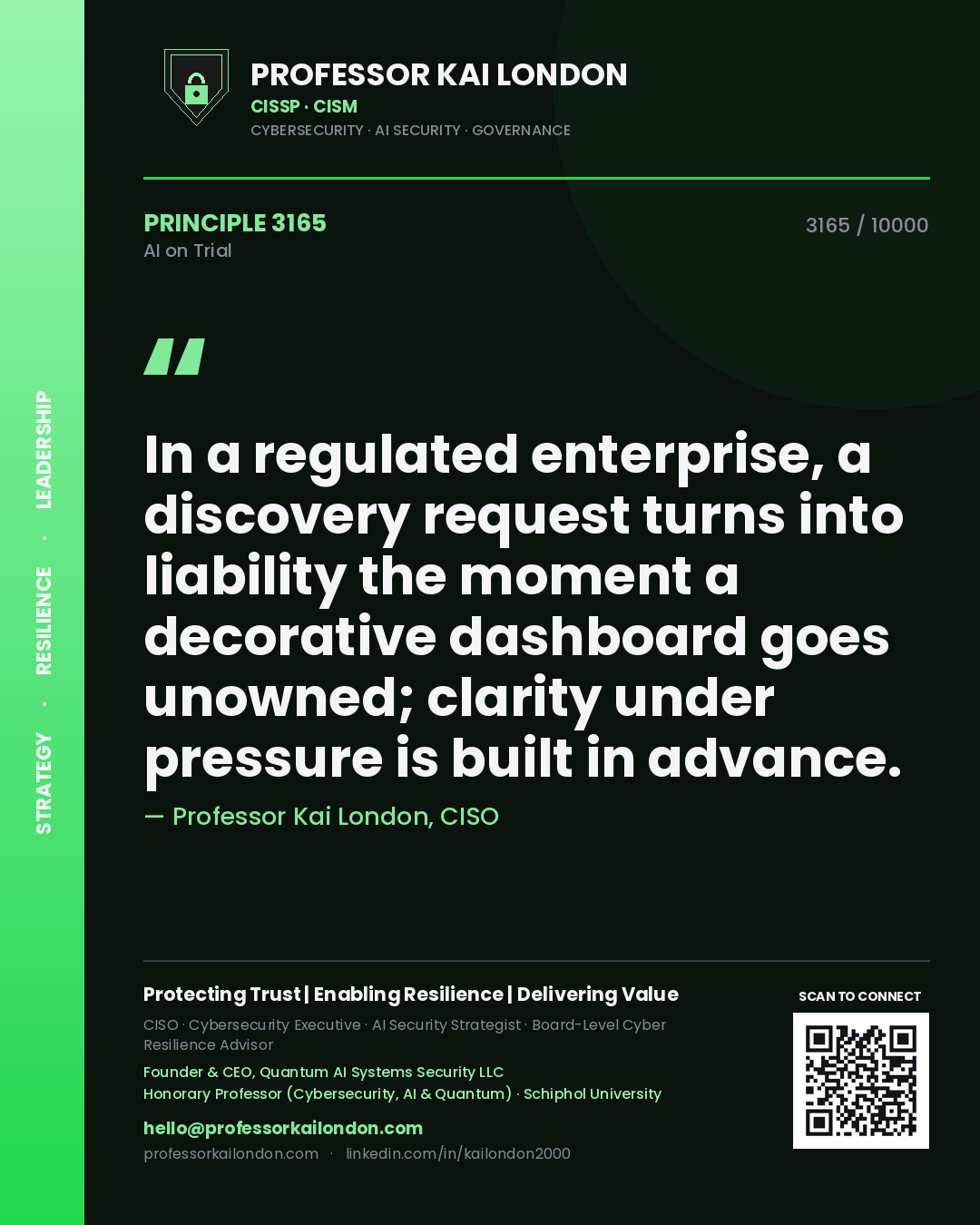 Quote card by Professor Kai London reading 'In a regulated enterprise, a discovery request turns into liability the moment a decorative dashboard goes unowned; clarity under pressure is built in advance.'. From the book AI on Trial.