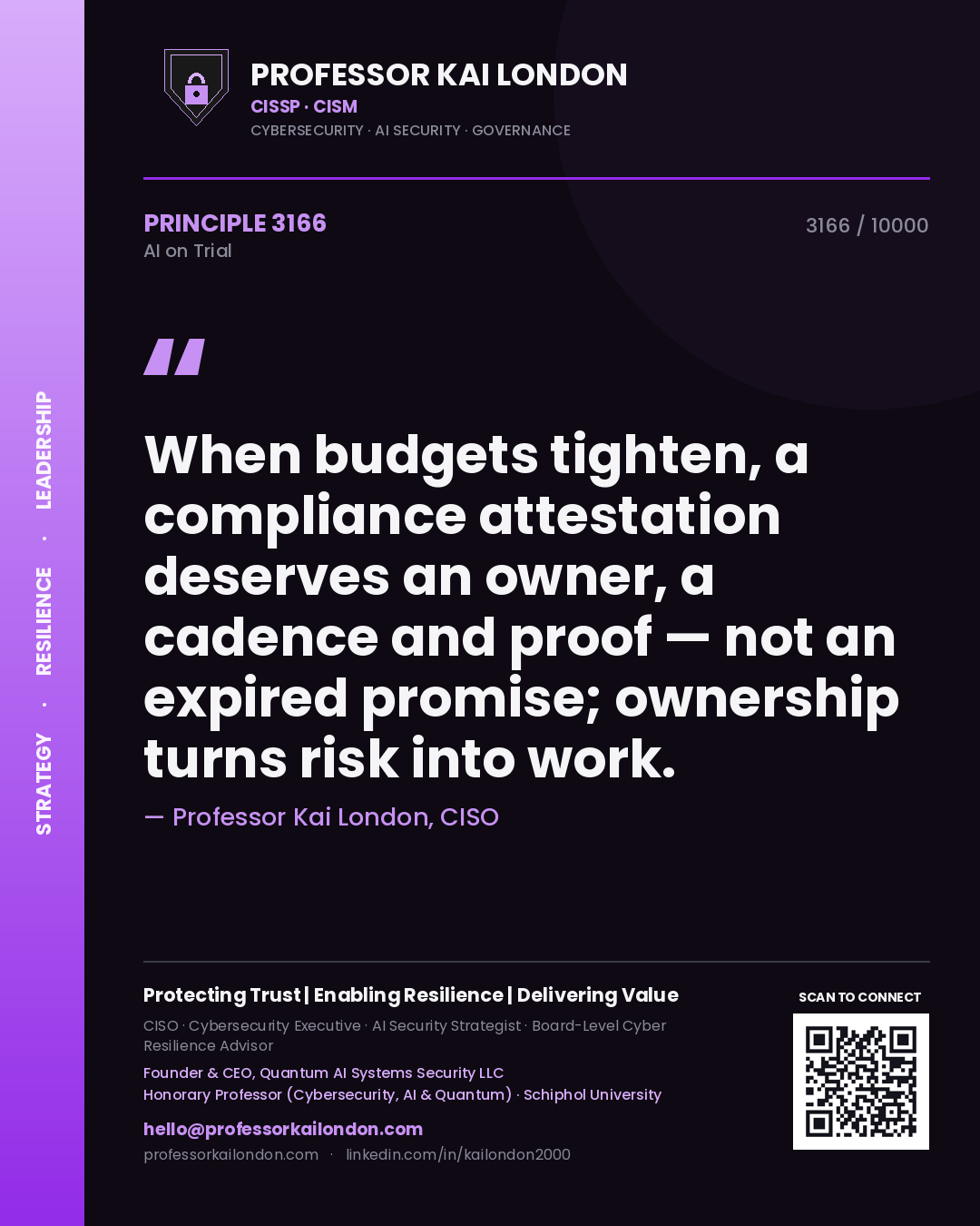 Professor Kai London principle 3166: When budgets tighten, a compliance attestation deserves an owner, a cadence and proof — not an expired promise; ownership turns risk into work.