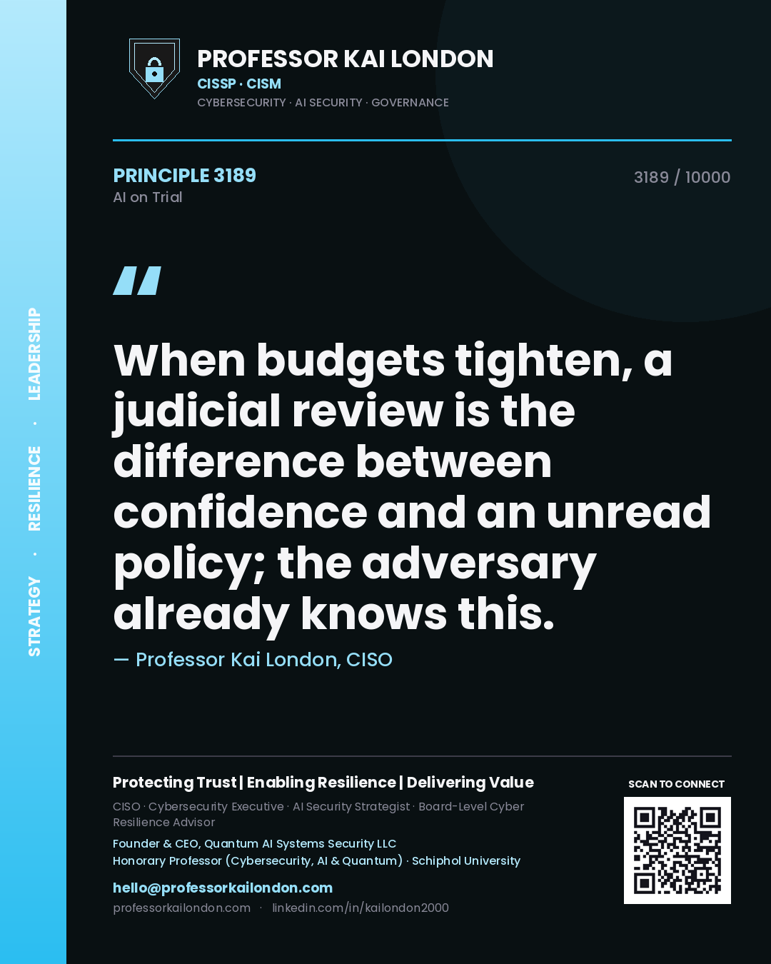 Professor Kai London principle 3189: When budgets tighten, a judicial review is the difference between confidence and an unread policy; the adversary already knows this.