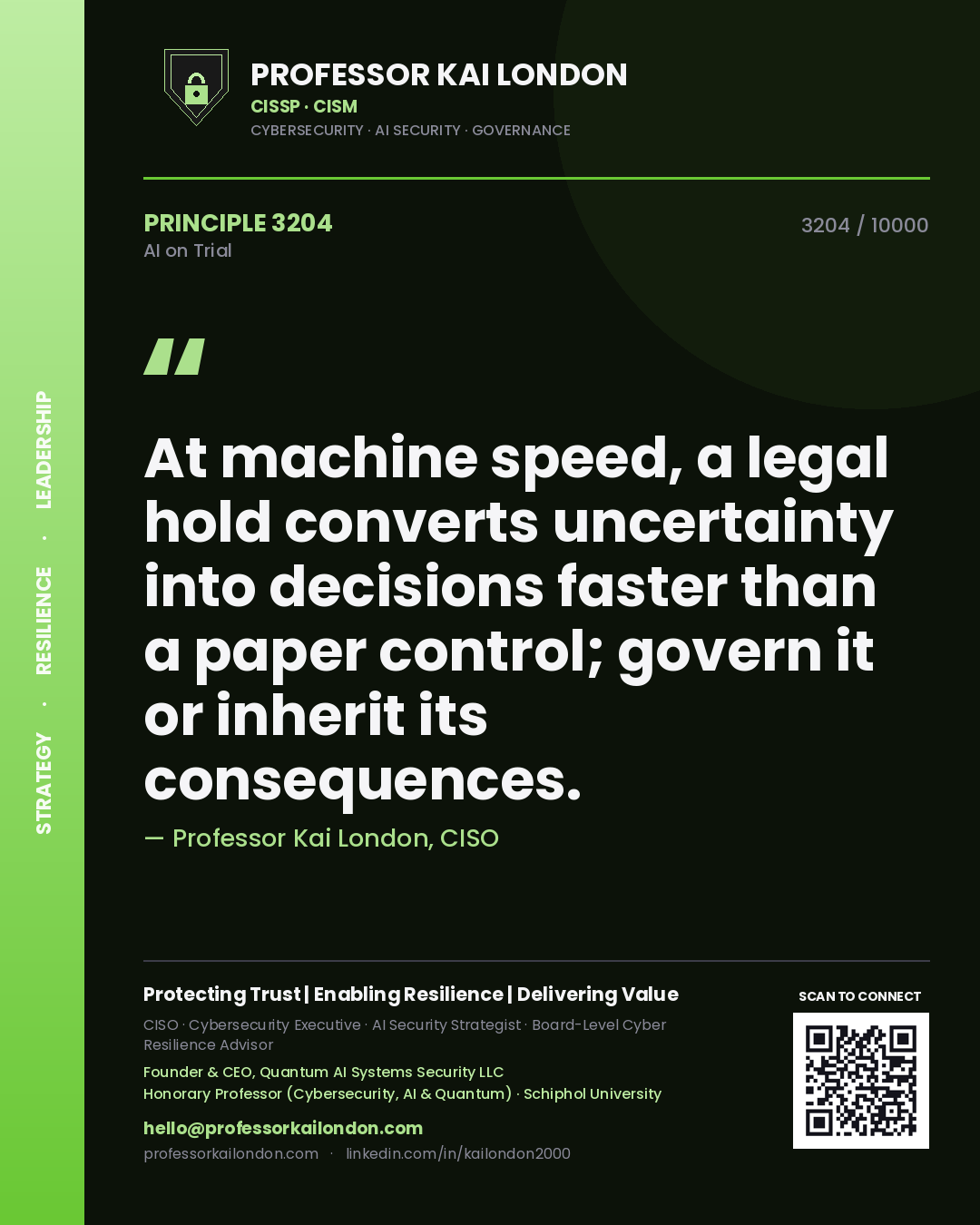 Quote card by Professor Kai London reading 'At machine speed, a legal hold converts uncertainty into decisions faster than a paper control; govern it or inherit its consequences.'. From the book AI on Trial.