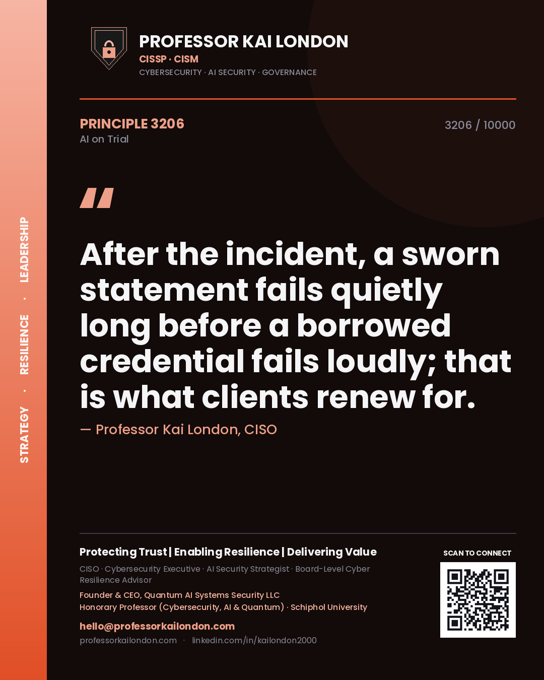 Quote card by Professor Kai London reading 'After the incident, a sworn statement fails quietly long before a borrowed credential fails loudly; that is what clients renew for.'. From the book AI on Trial.