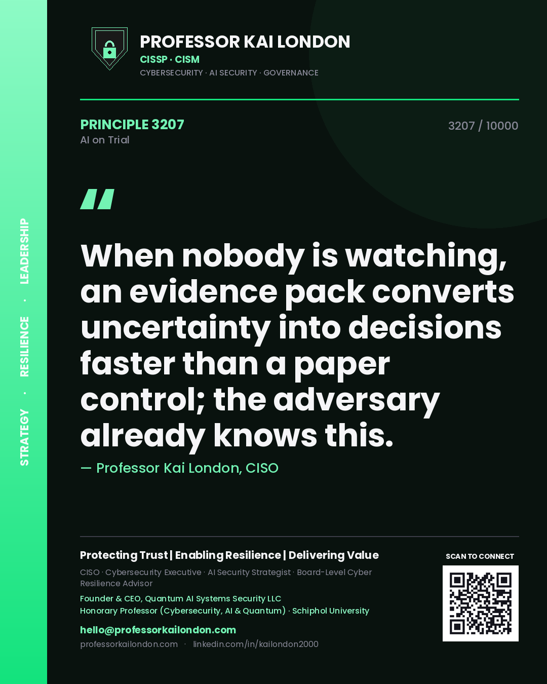 Quote card by Professor Kai London reading 'When nobody is watching, an evidence pack converts uncertainty into decisions faster than a paper control; the adversary already knows this.'. From the book AI on Trial.
