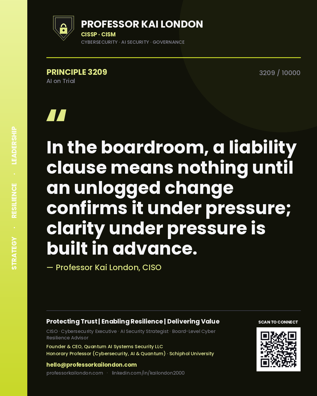 Quote card by Professor Kai London reading 'In the boardroom, a liability clause means nothing until an unlogged change confirms it under pressure; clarity under pressure is built in advance.'. From the book AI on Trial.