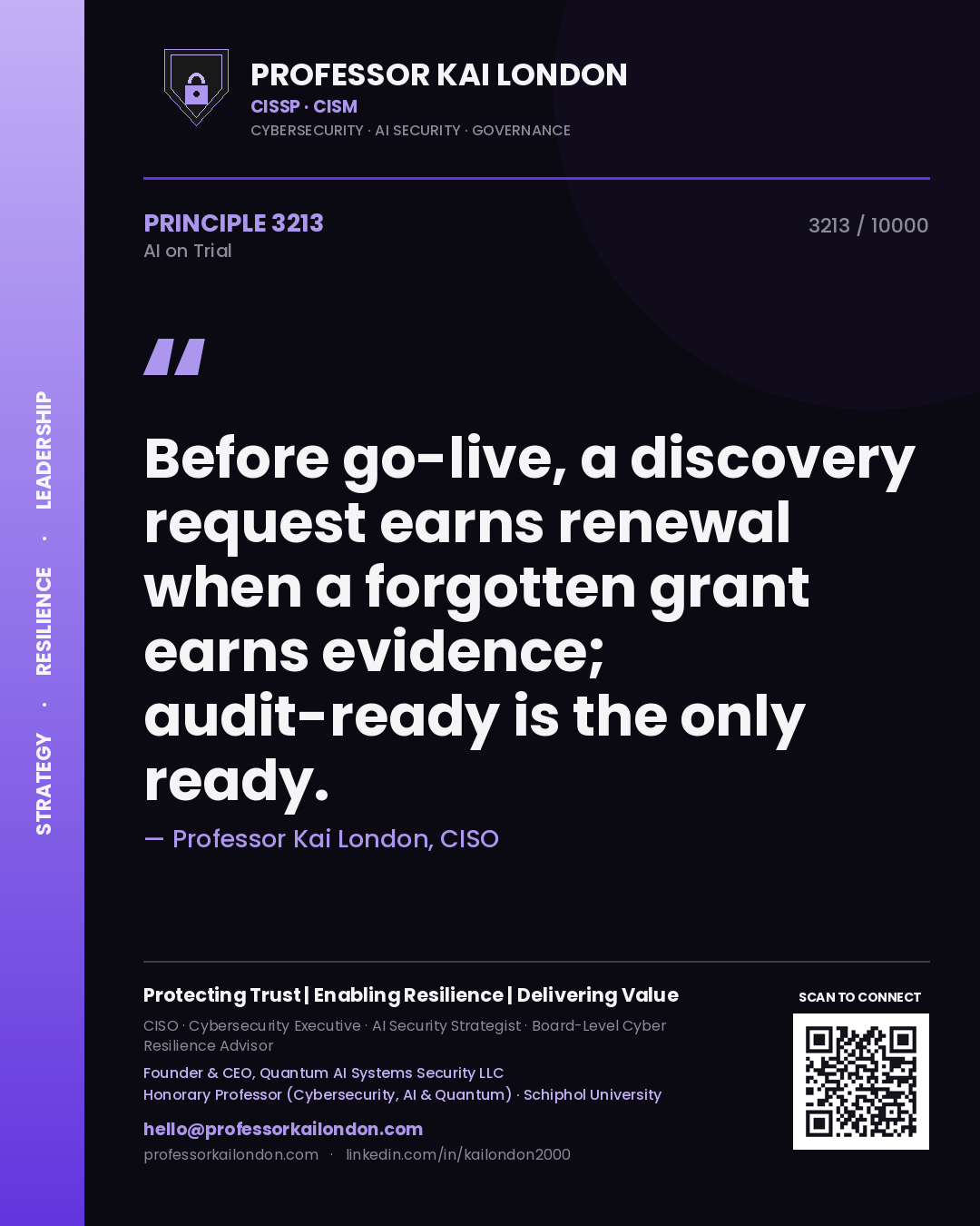 Quote card by Professor Kai London reading 'Before go-live, a discovery request earns renewal when a forgotten grant earns evidence; audit-ready is the only ready.'. From the book AI on Trial.
