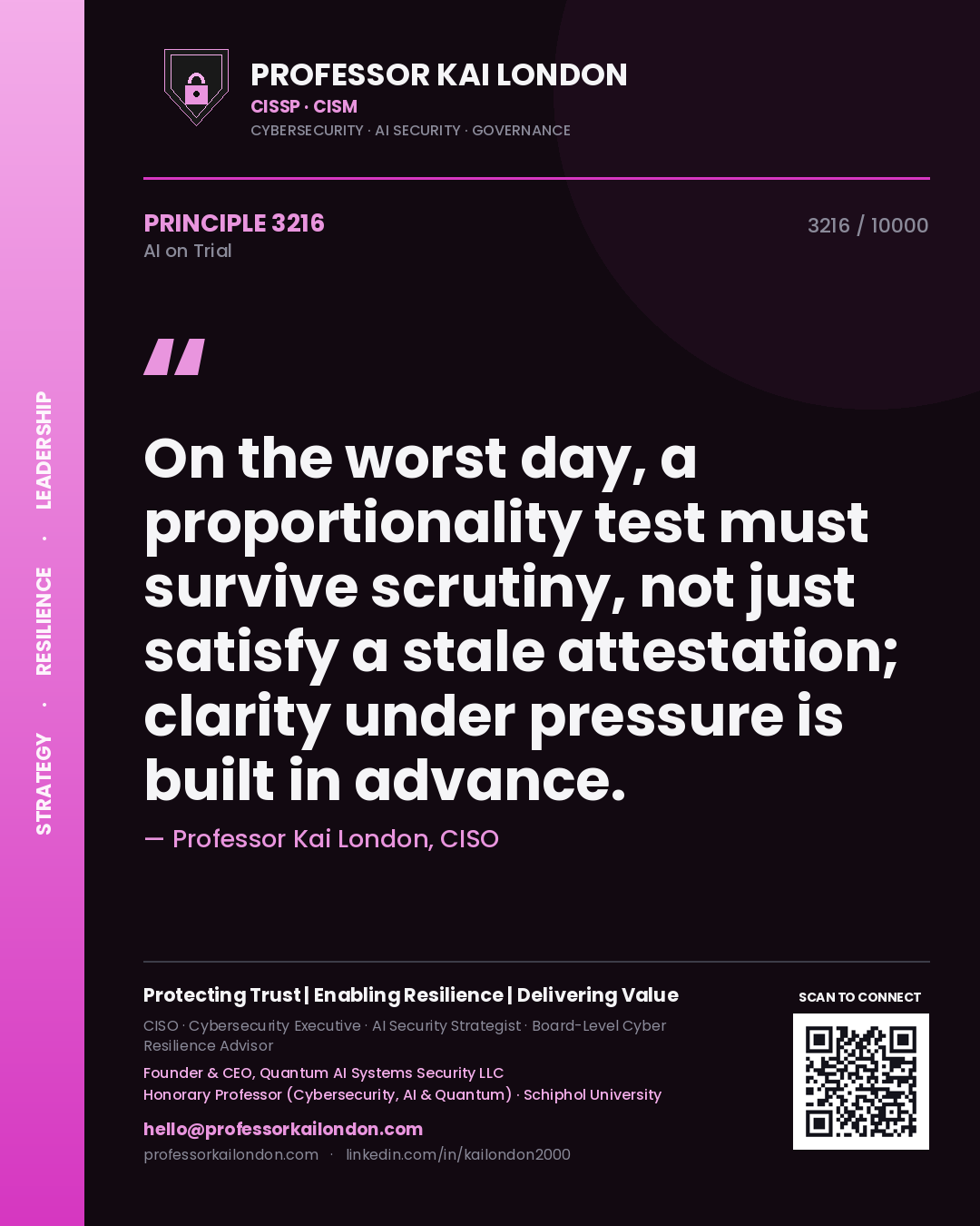 Quote card by Professor Kai London reading 'On the worst day, a proportionality test must survive scrutiny, not just satisfy a stale attestation; clarity under pressure is built in advance.'. From the book AI on Trial.