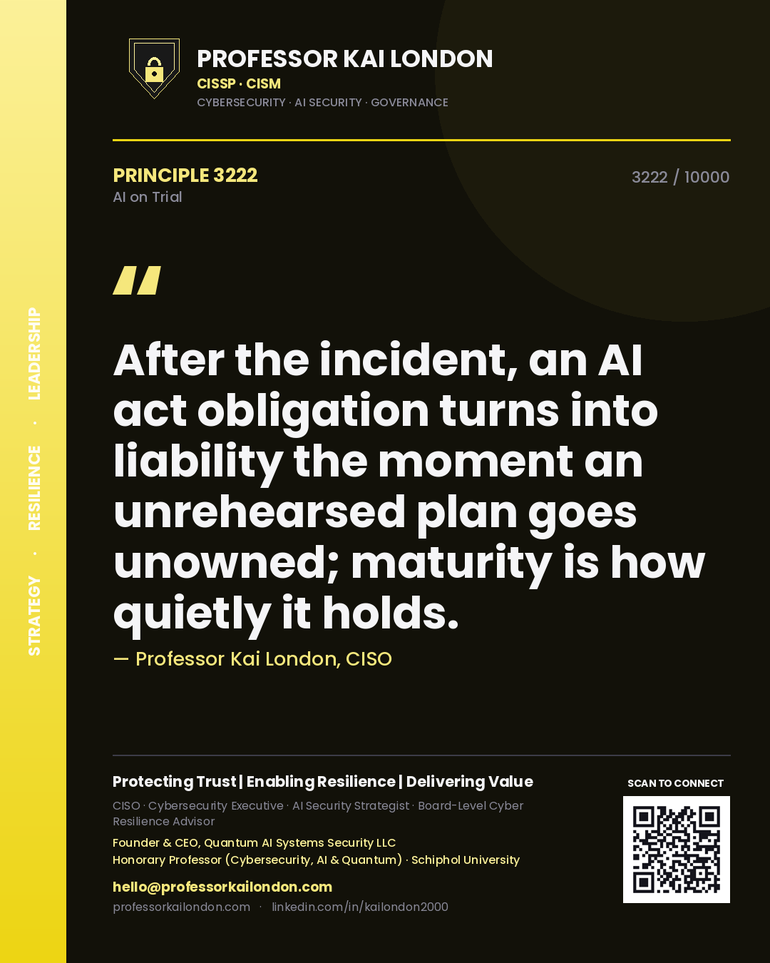 Quote card by Professor Kai London reading 'After the incident, an AI act obligation turns into liability the moment an unrehearsed plan goes unowned; maturity is how quietly it holds.'. From the book AI on Trial.