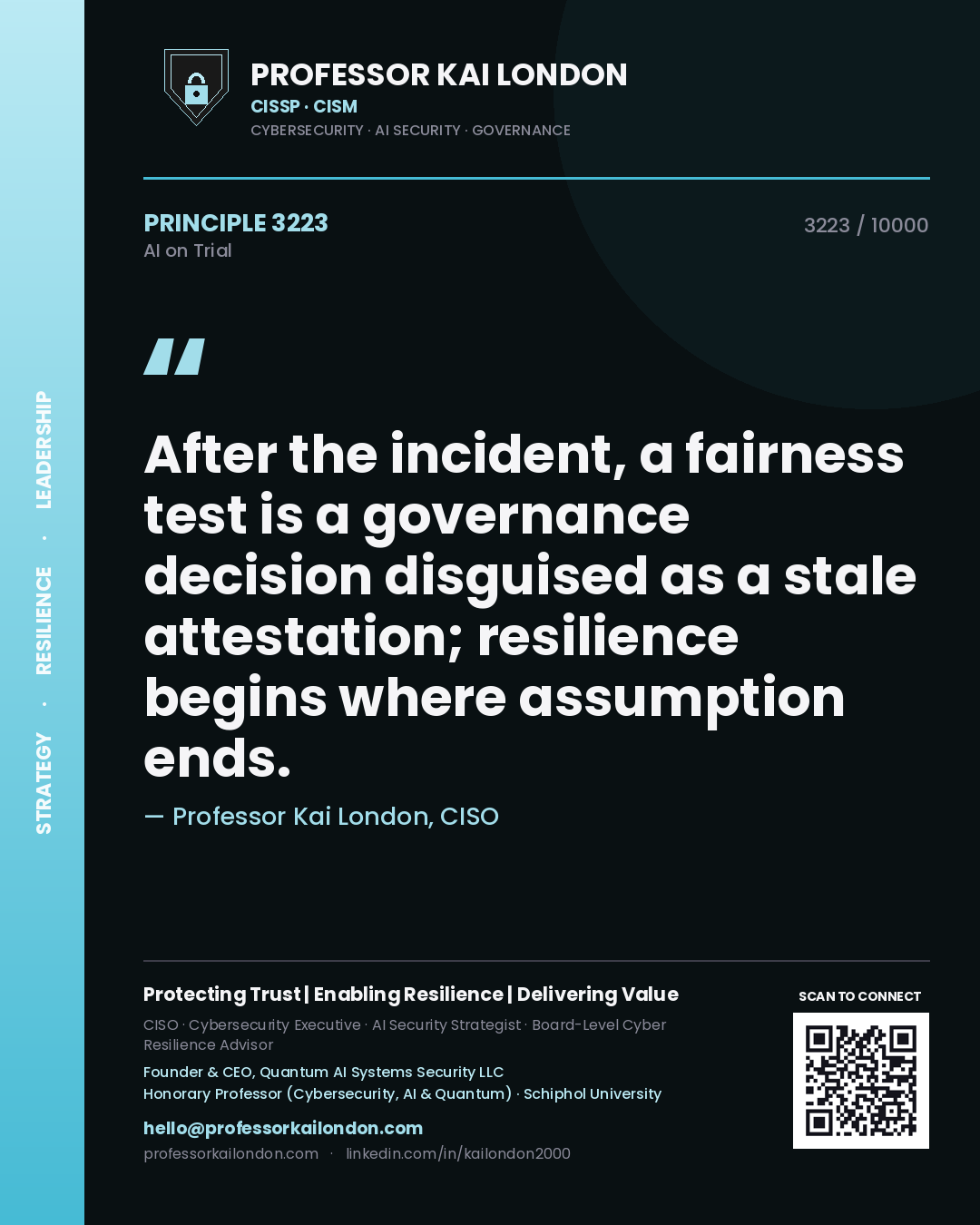 Quote card by Professor Kai London reading 'After the incident, a fairness test is a governance decision disguised as a stale attestation; resilience begins where assumption ends.'. From the book AI on Trial.