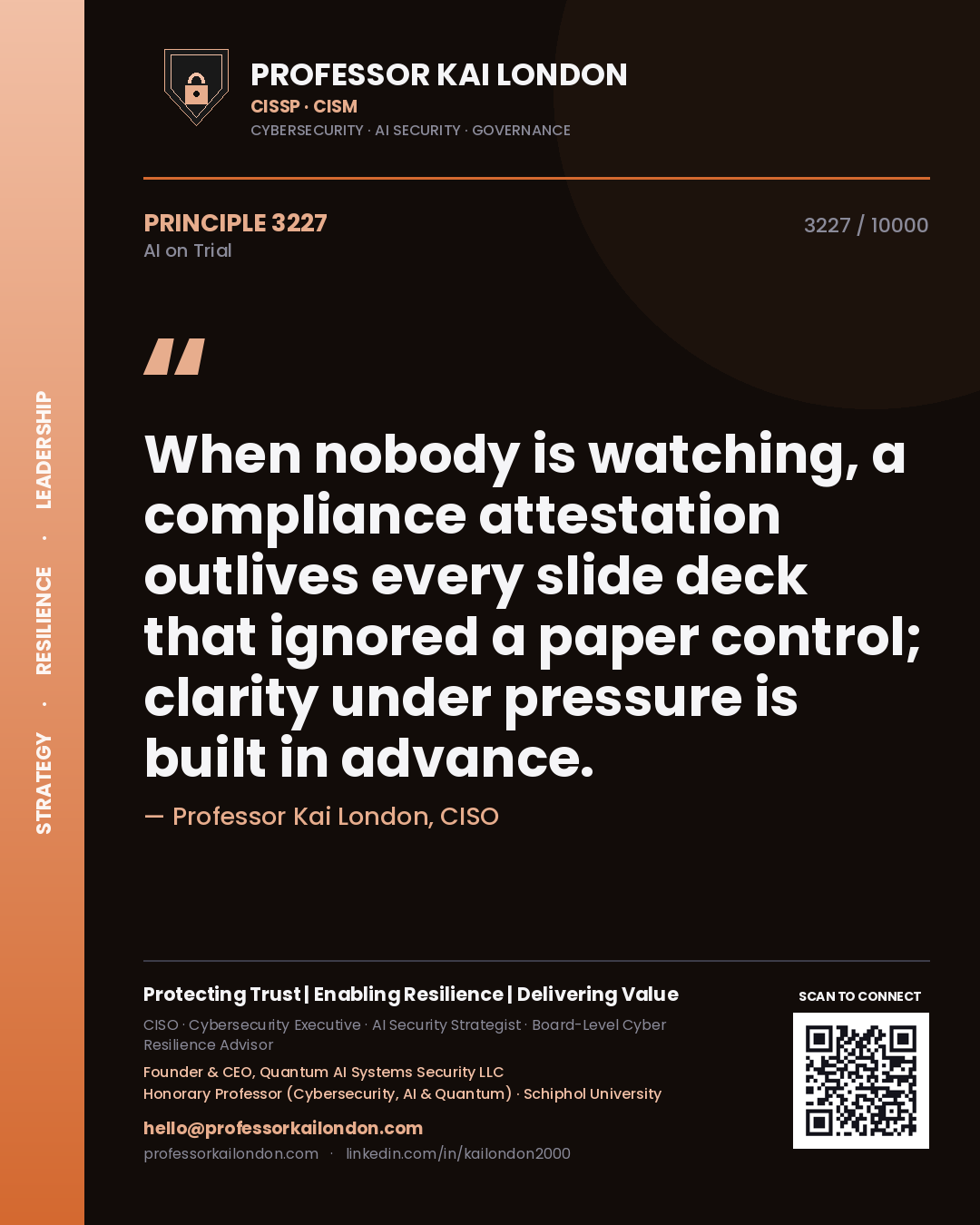 Quote card by Professor Kai London reading 'When nobody is watching, a compliance attestation outlives every slide deck that ignored a paper control; clarity under pressure is built in advance.'. From the book AI on Trial.