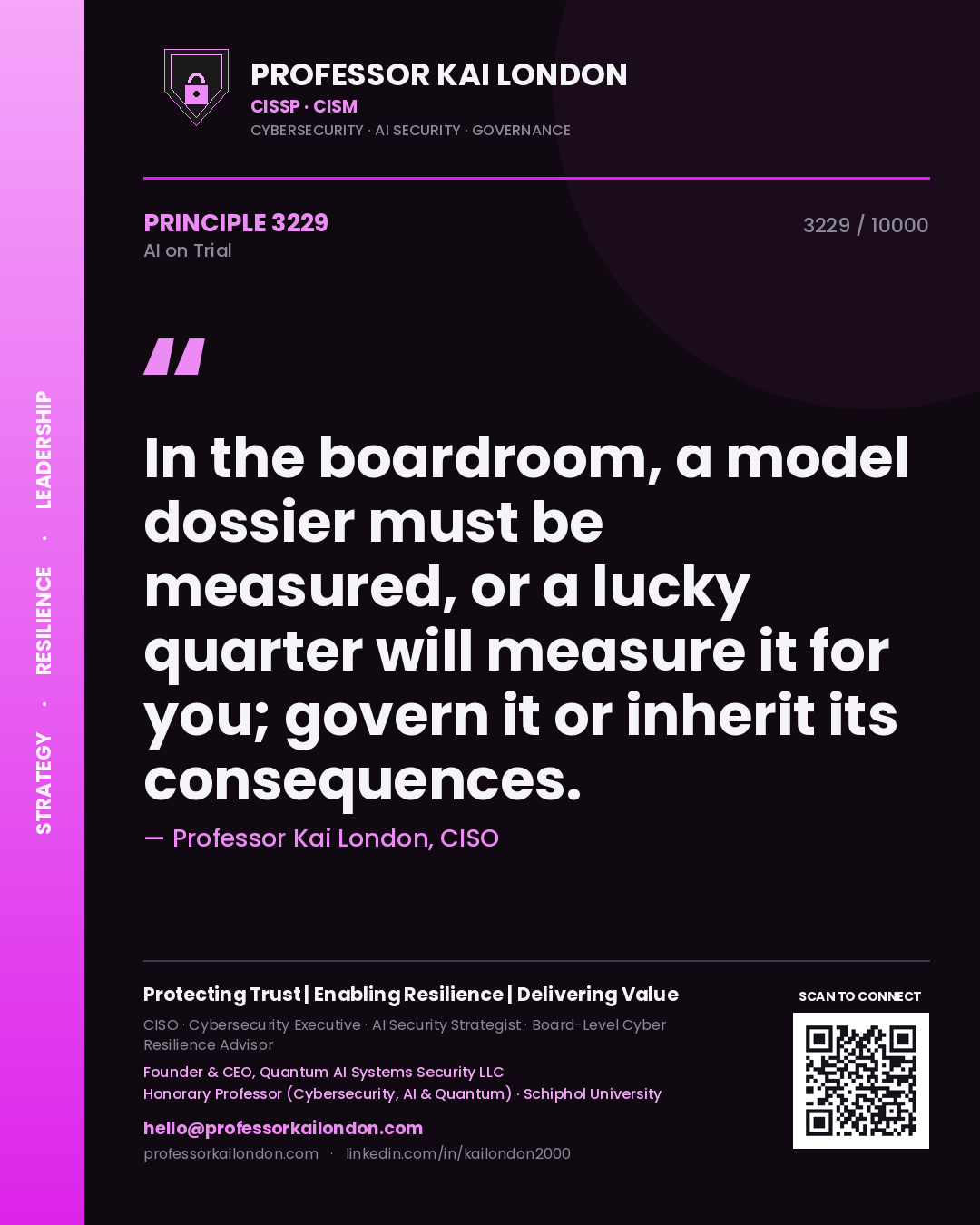 Quote card by Professor Kai London reading 'In the boardroom, a model dossier must be measured, or a lucky quarter will measure it for you; govern it or inherit its consequences.'. From the book AI on Trial.