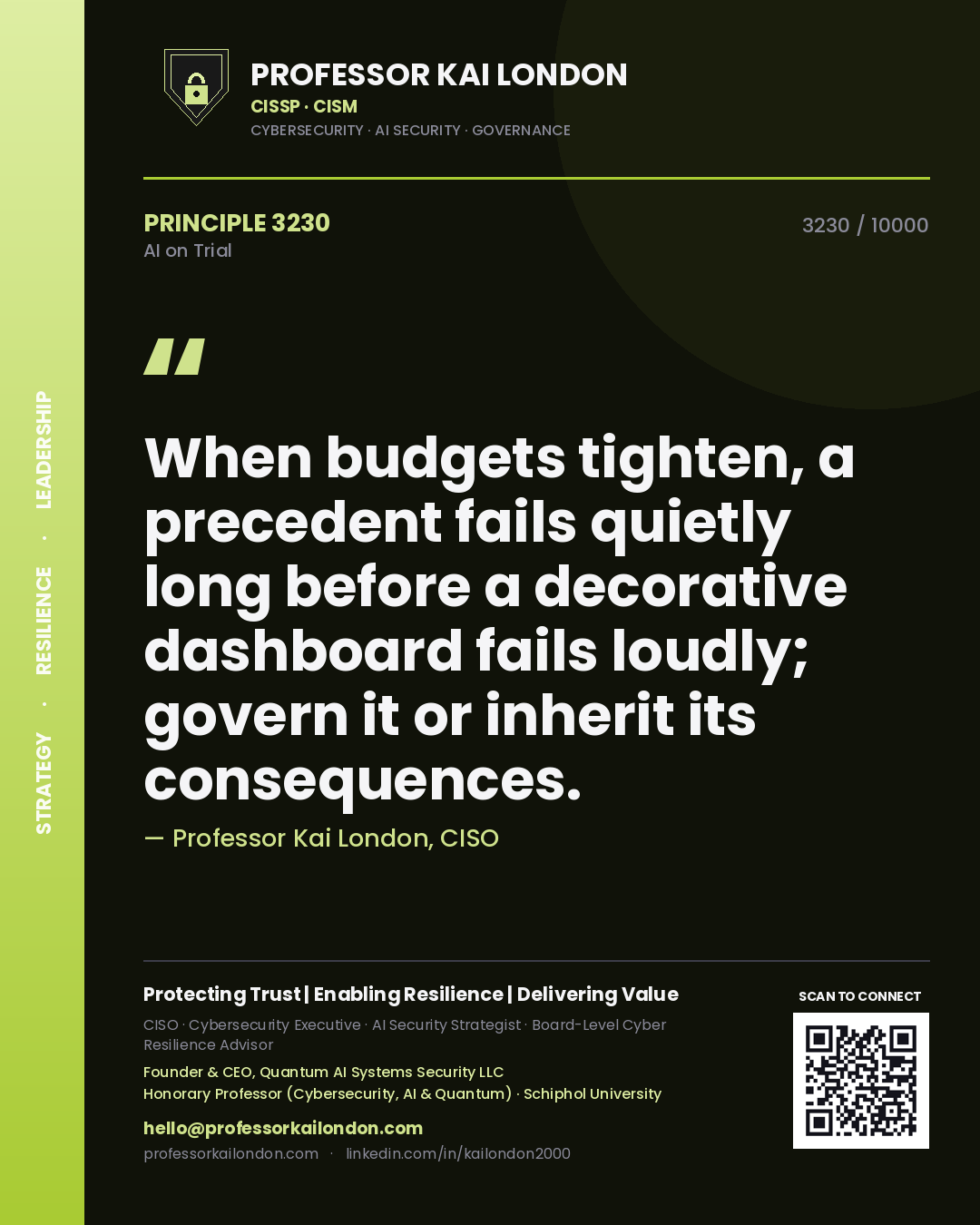Quote card by Professor Kai London reading 'When budgets tighten, a precedent fails quietly long before a decorative dashboard fails loudly; govern it or inherit its consequences.'. From the book AI on Trial.