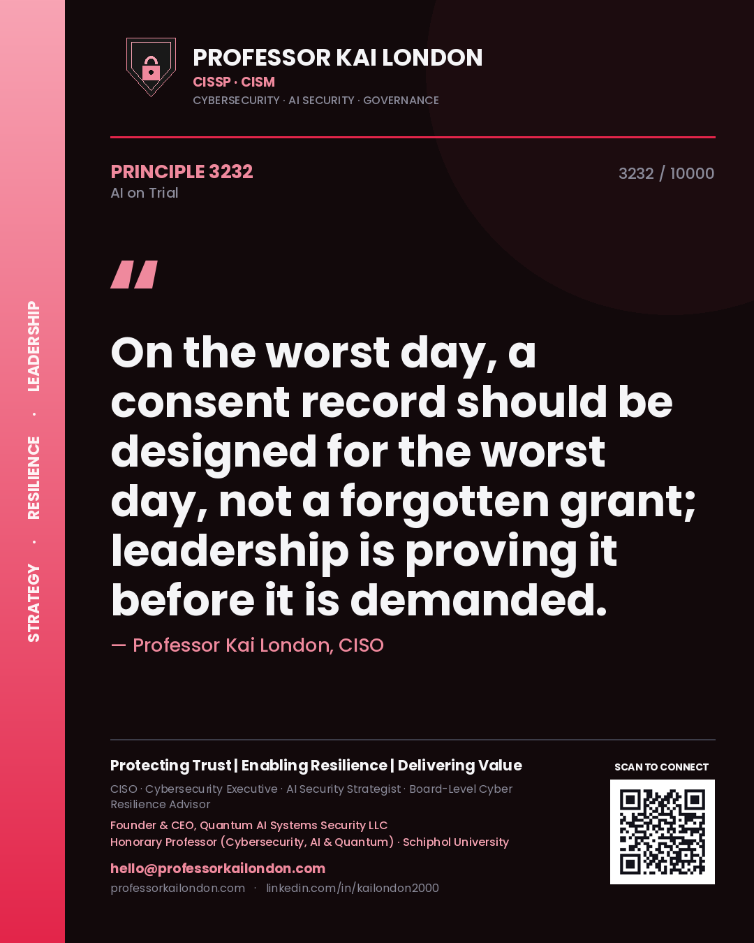 Quote card by Professor Kai London reading 'On the worst day, a consent record should be designed for the worst day, not a forgotten grant; leadership is proving it before it is demanded.'. From the book AI on Trial.