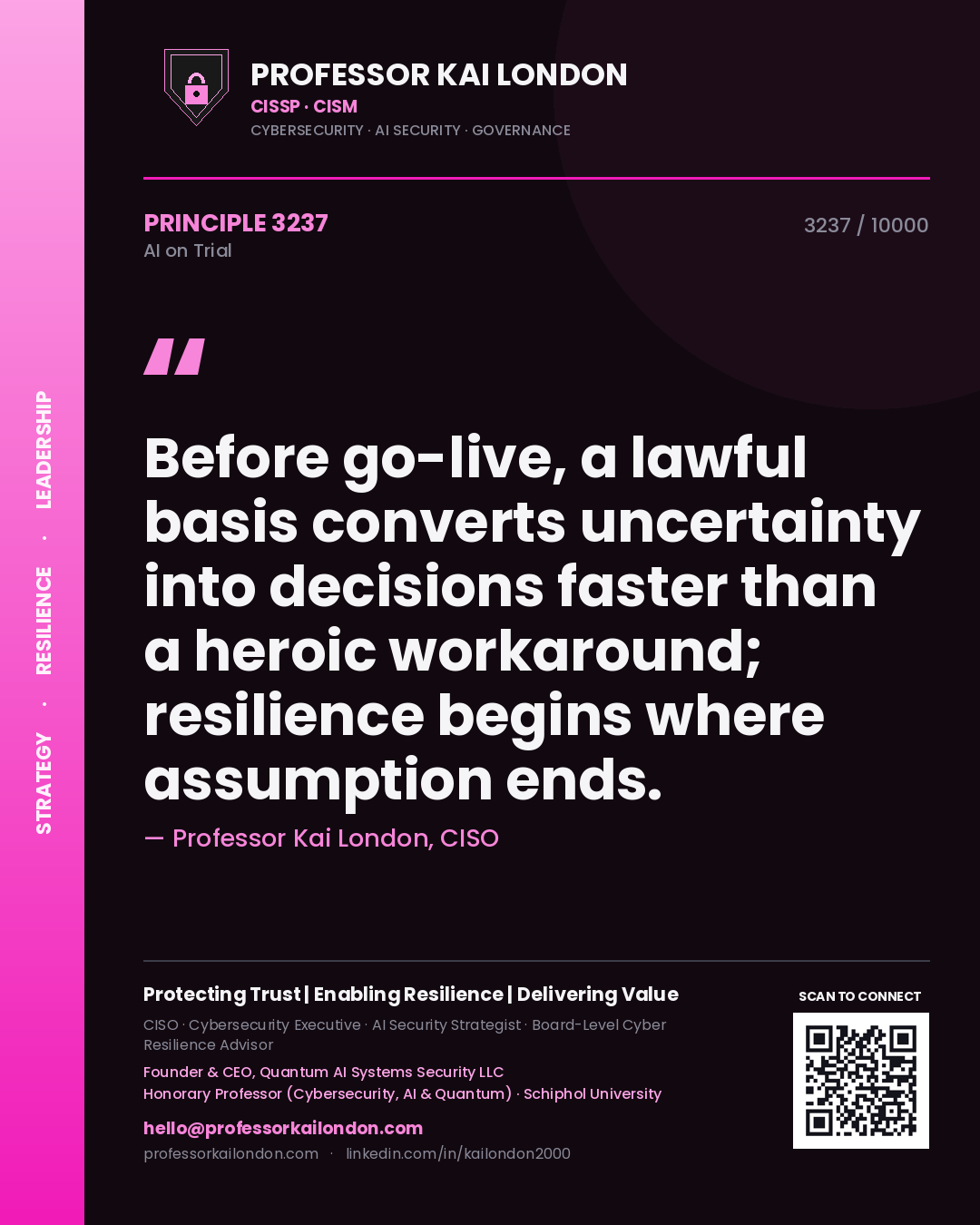 Professor Kai London principle 3237: Before go-live, a lawful basis converts uncertainty into decisions faster than a heroic workaround; resilience begins where assumption ends.