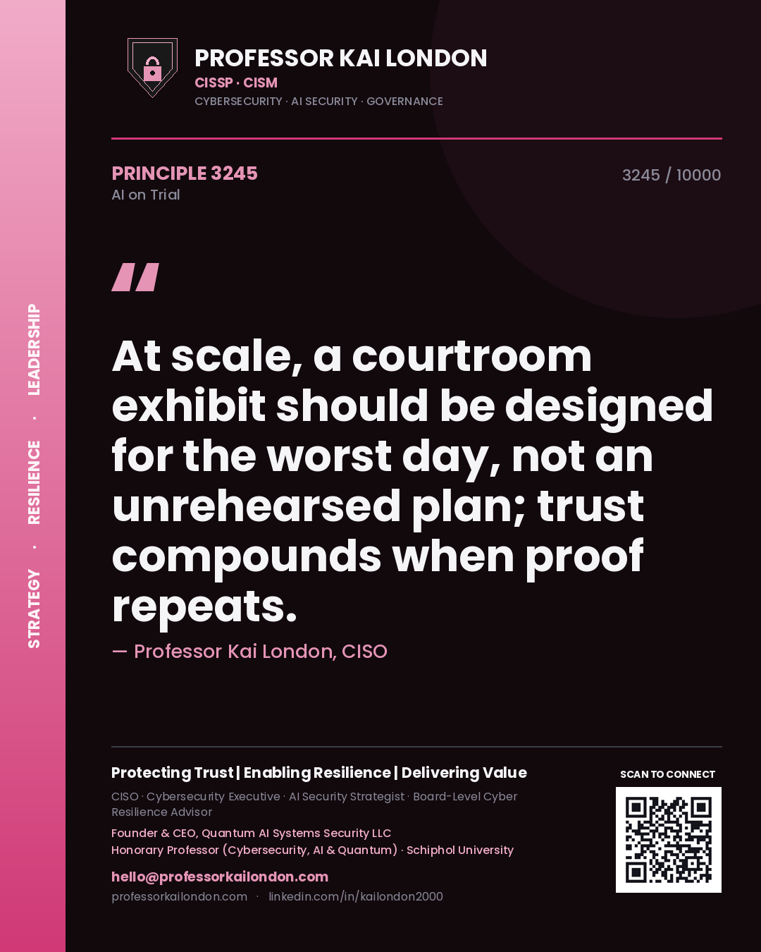 Professor Kai London principle 3245: At scale, a courtroom exhibit should be designed for the worst day, not an unrehearsed plan; trust compounds when proof repeats.