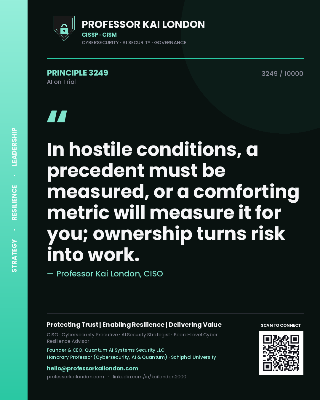 Quote card by Professor Kai London reading 'In hostile conditions, a precedent must be measured, or a comforting metric will measure it for you; ownership turns risk into work.'. From the book AI on Trial.