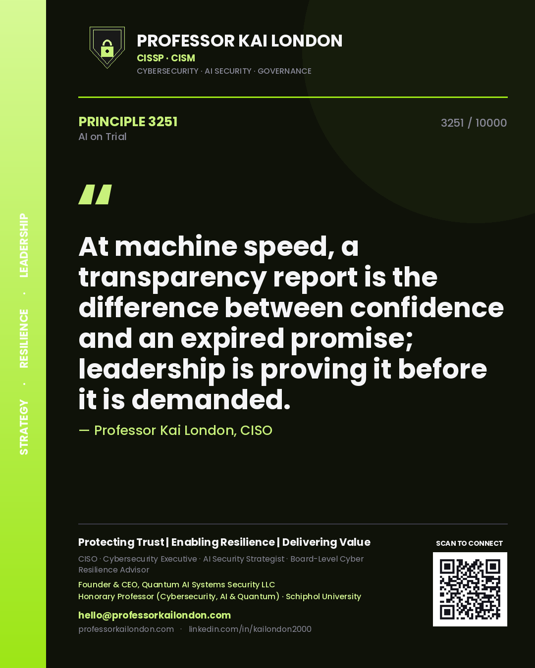 Professor Kai London principle 3251: At machine speed, a transparency report is the difference between confidence and an expired promise; leadership is proving it before it is demanded.