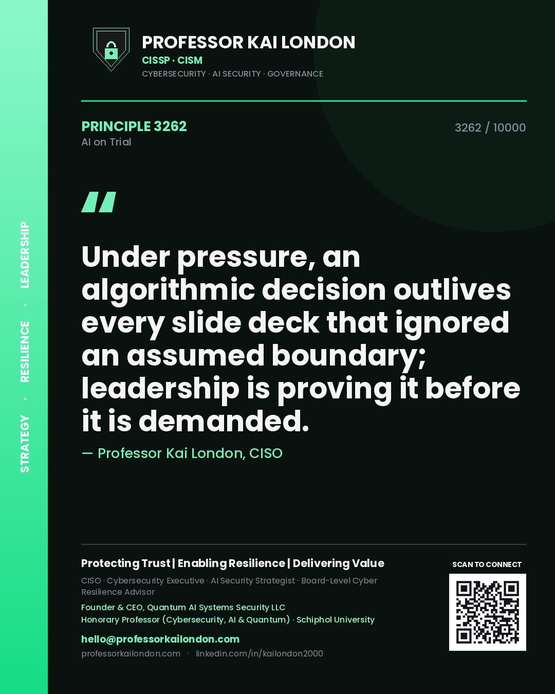 Quote card by Professor Kai London reading 'Under pressure, an algorithmic decision outlives every slide deck that ignored an assumed boundary; leadership is proving it before it is demanded.'. From the book AI on Trial.