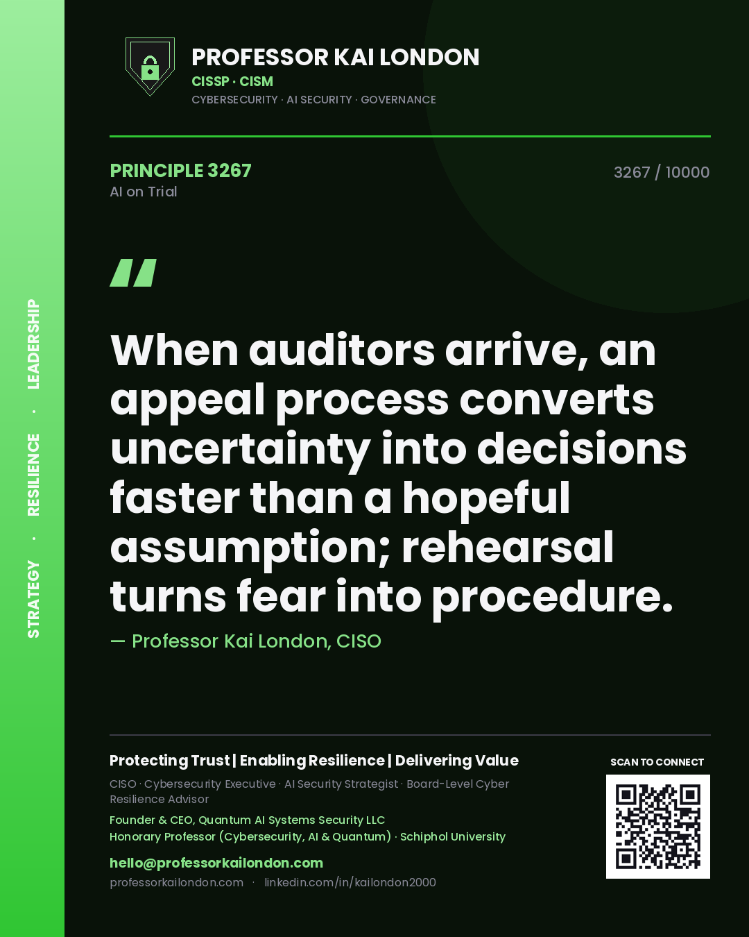 Quote card by Professor Kai London reading 'When auditors arrive, an appeal process converts uncertainty into decisions faster than a hopeful assumption; rehearsal turns fear into procedure.'. From the book AI on Trial.